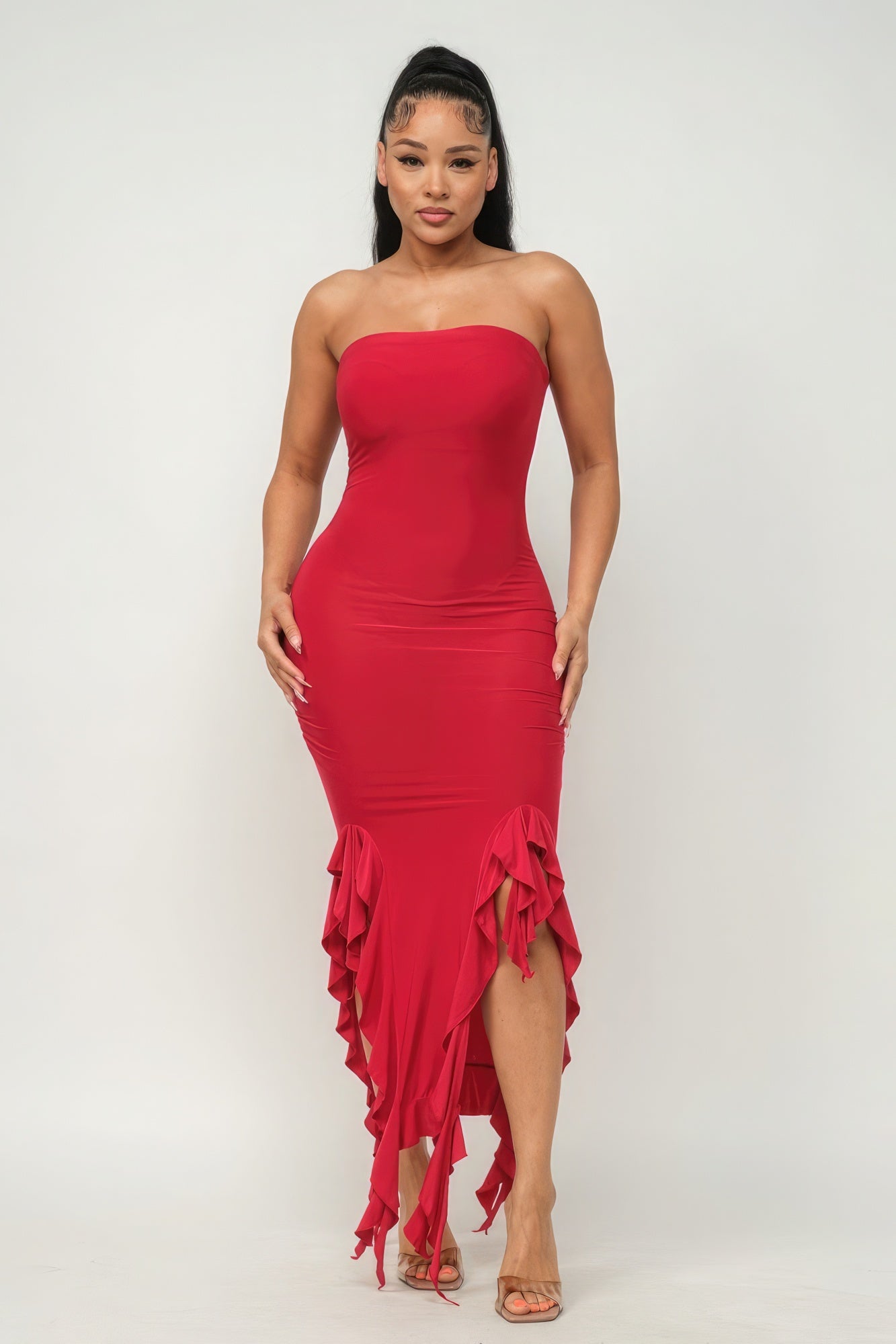 Solid Bottom Ruffle Trim Hem Slit Tube Maxi Dress-[Adult]-[Female]-Red-S-2022 Online Blue Zone Planet