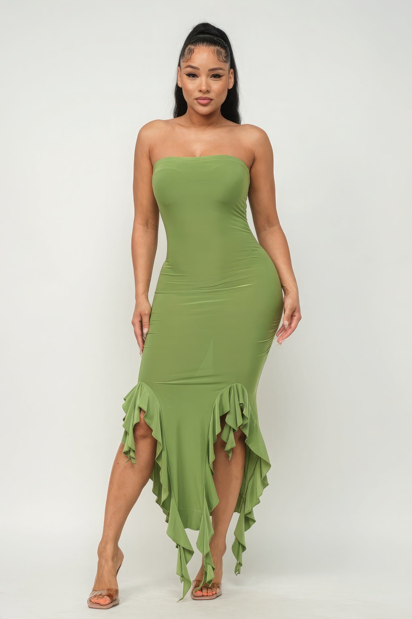 Solid Bottom Ruffle Trim Hem Slit Tube Maxi Dress-[Adult]-[Female]-Green-S-2022 Online Blue Zone Planet