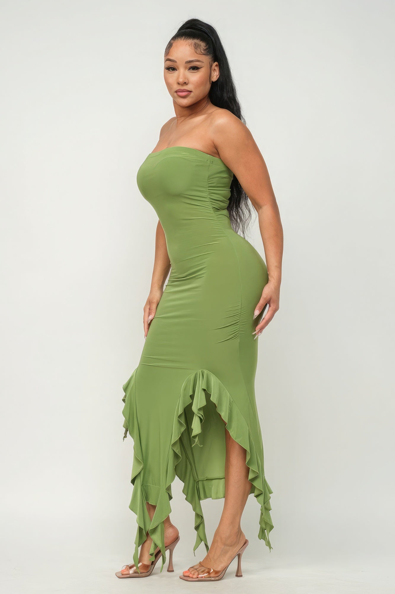 Solid Bottom Ruffle Trim Hem Slit Tube Maxi Dress-[Adult]-[Female]-2022 Online Blue Zone Planet