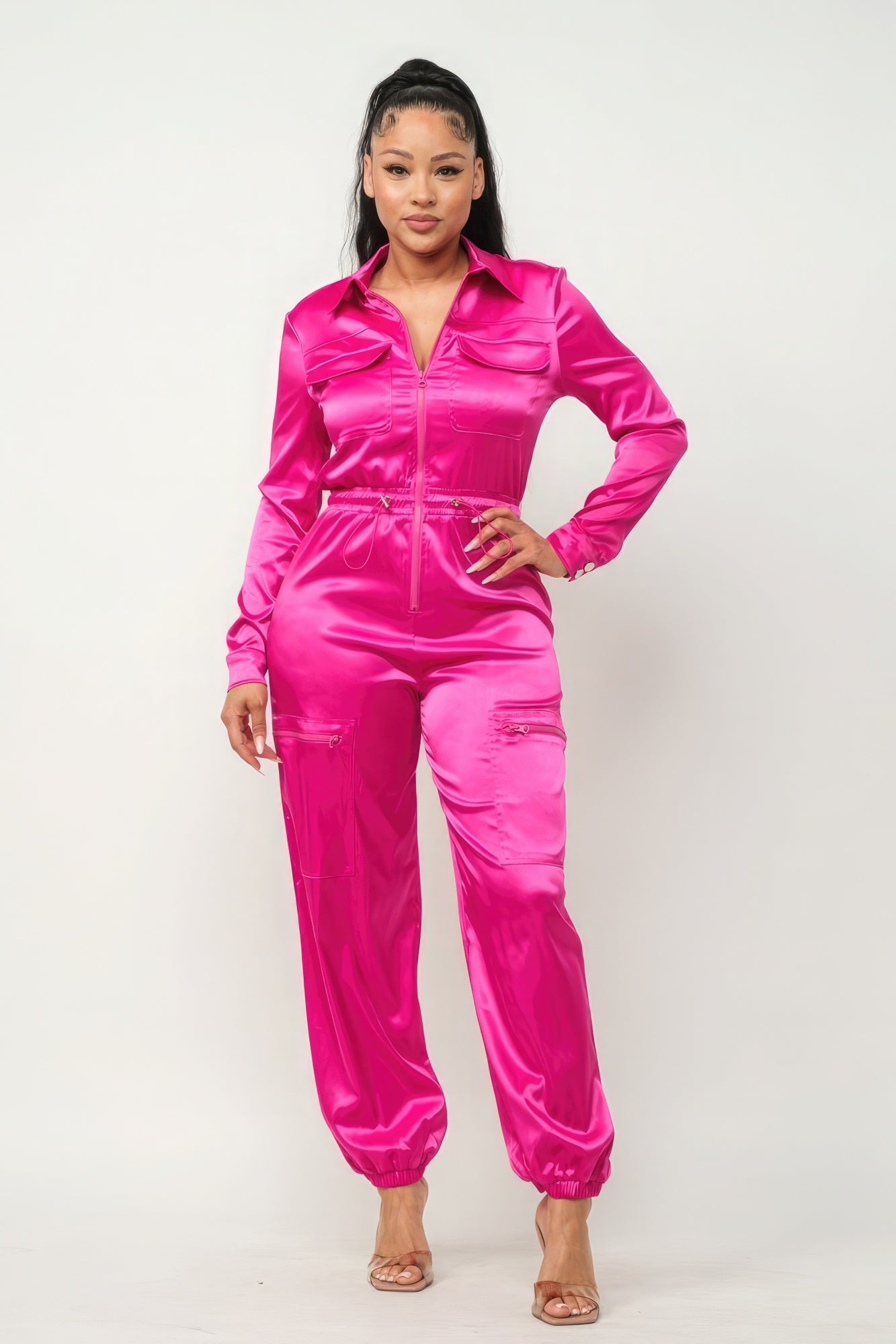 Front Zipper Pockets Top And Pants Jumpsuit-TOPS / DRESSES-[Adult]-[Female]-Fuchsia-S-2022 Online Blue Zone Planet