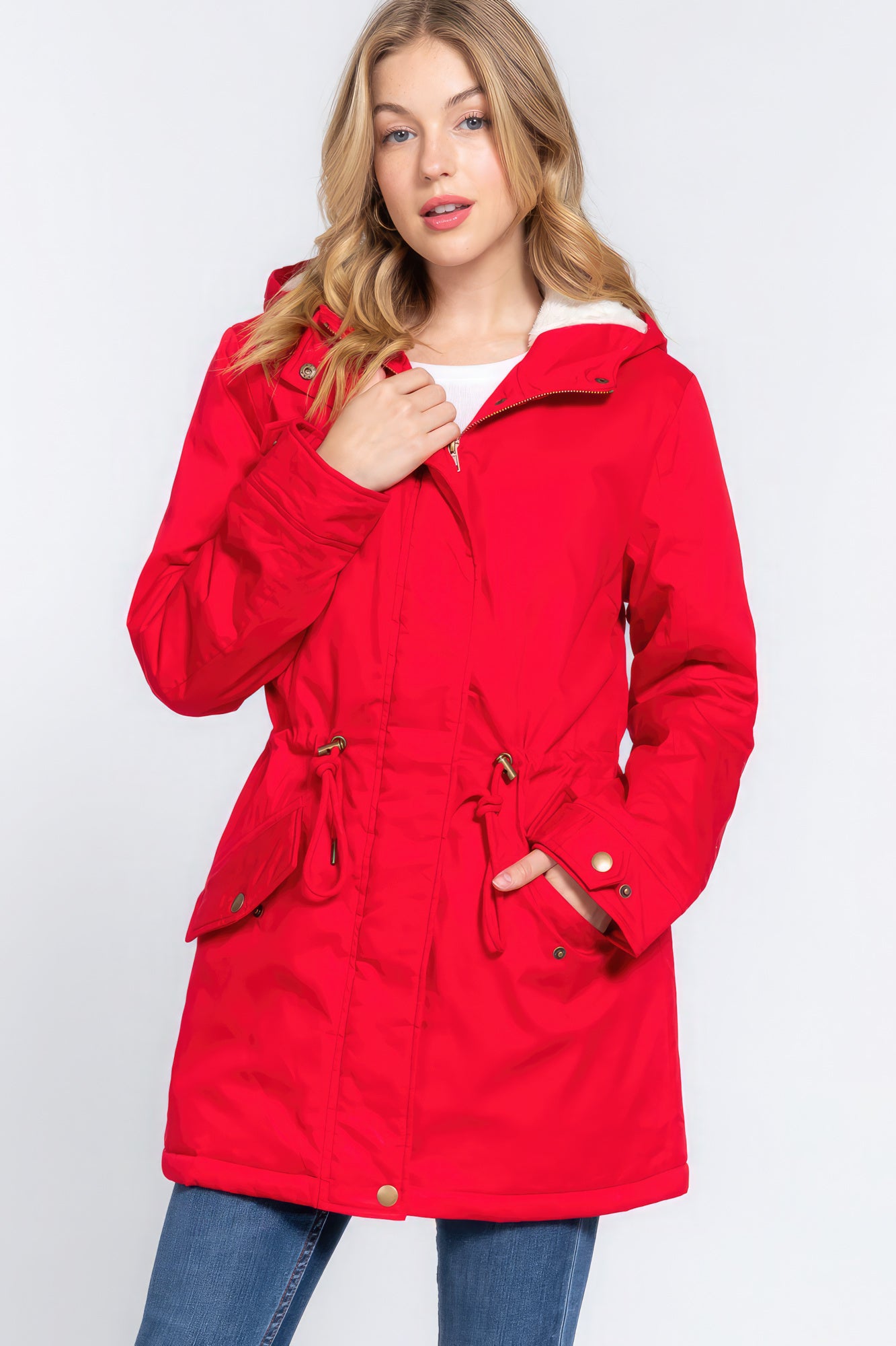 Fleece Lined Fur Hoodie Utility Jacket-Tops / Dresses-[Adult]-[Female]-Red-S-2022 Online Blue Zone Planet