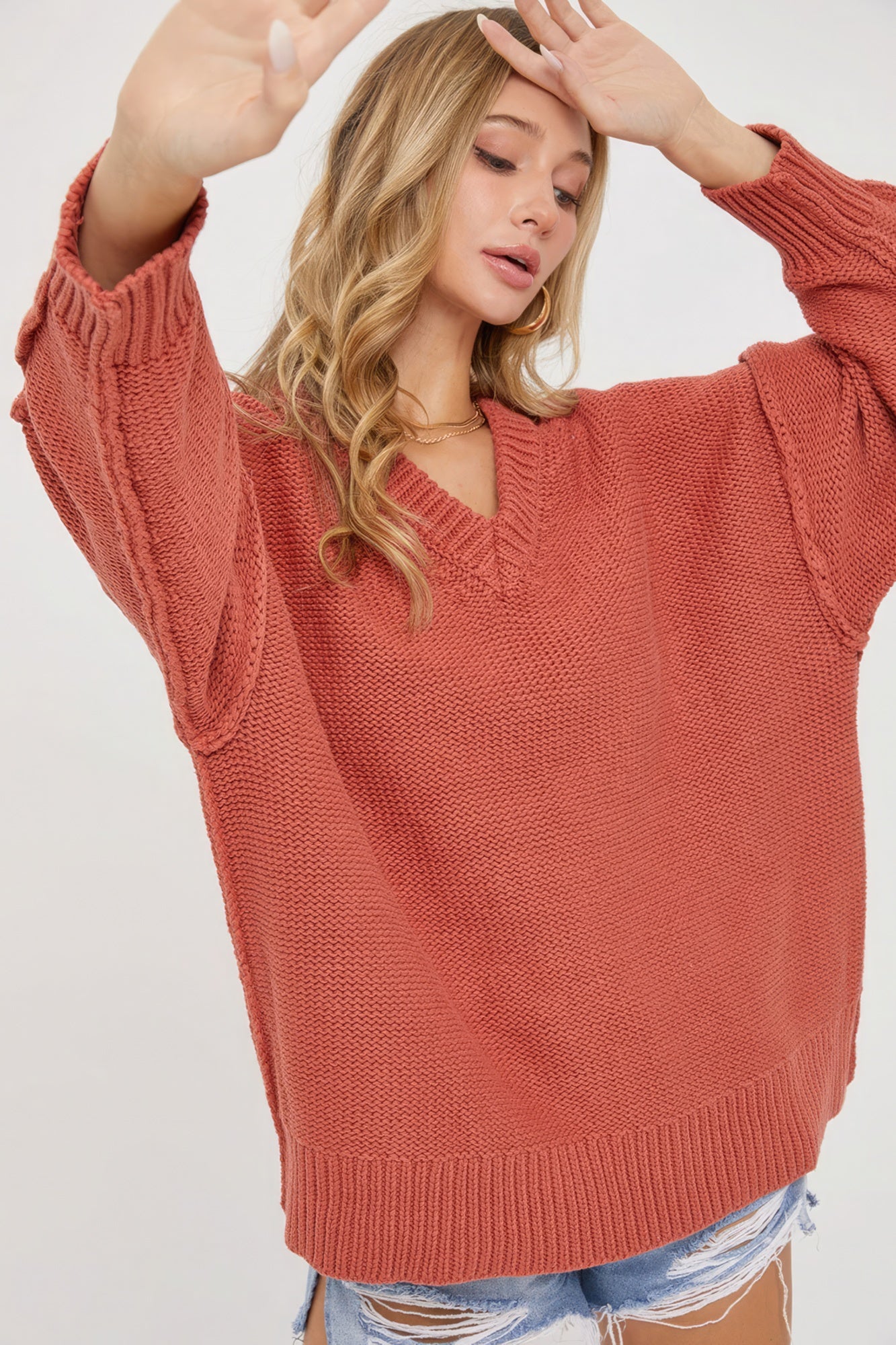 V Neck Oversized Sweater-TOPS / DRESSES-[Adult]-[Female]-2022 Online Blue Zone Planet