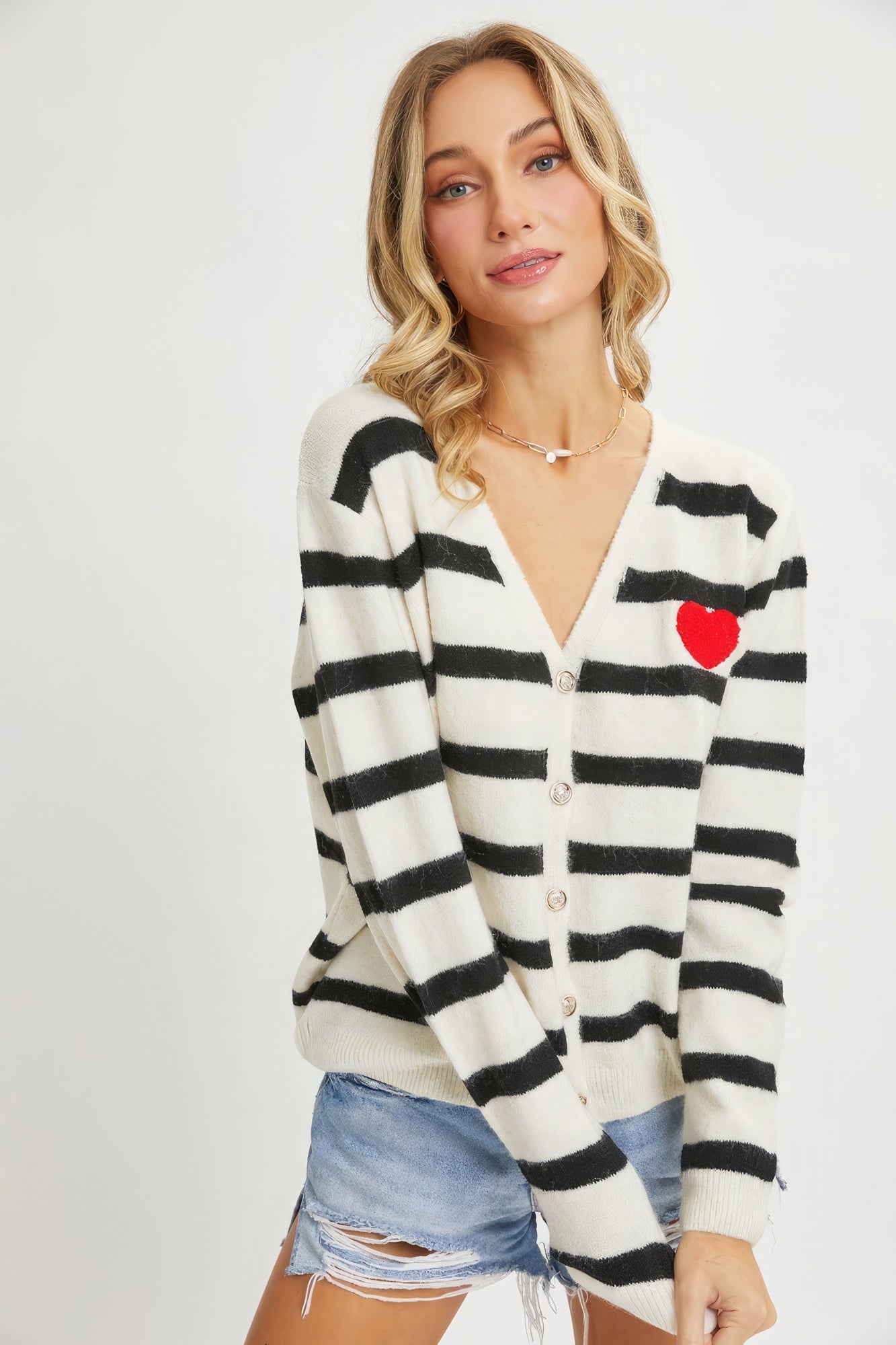 Striped Cardigan With Heart Patch-TOPS / DRESSES-[Adult]-[Female]-2022 Online Blue Zone Planet