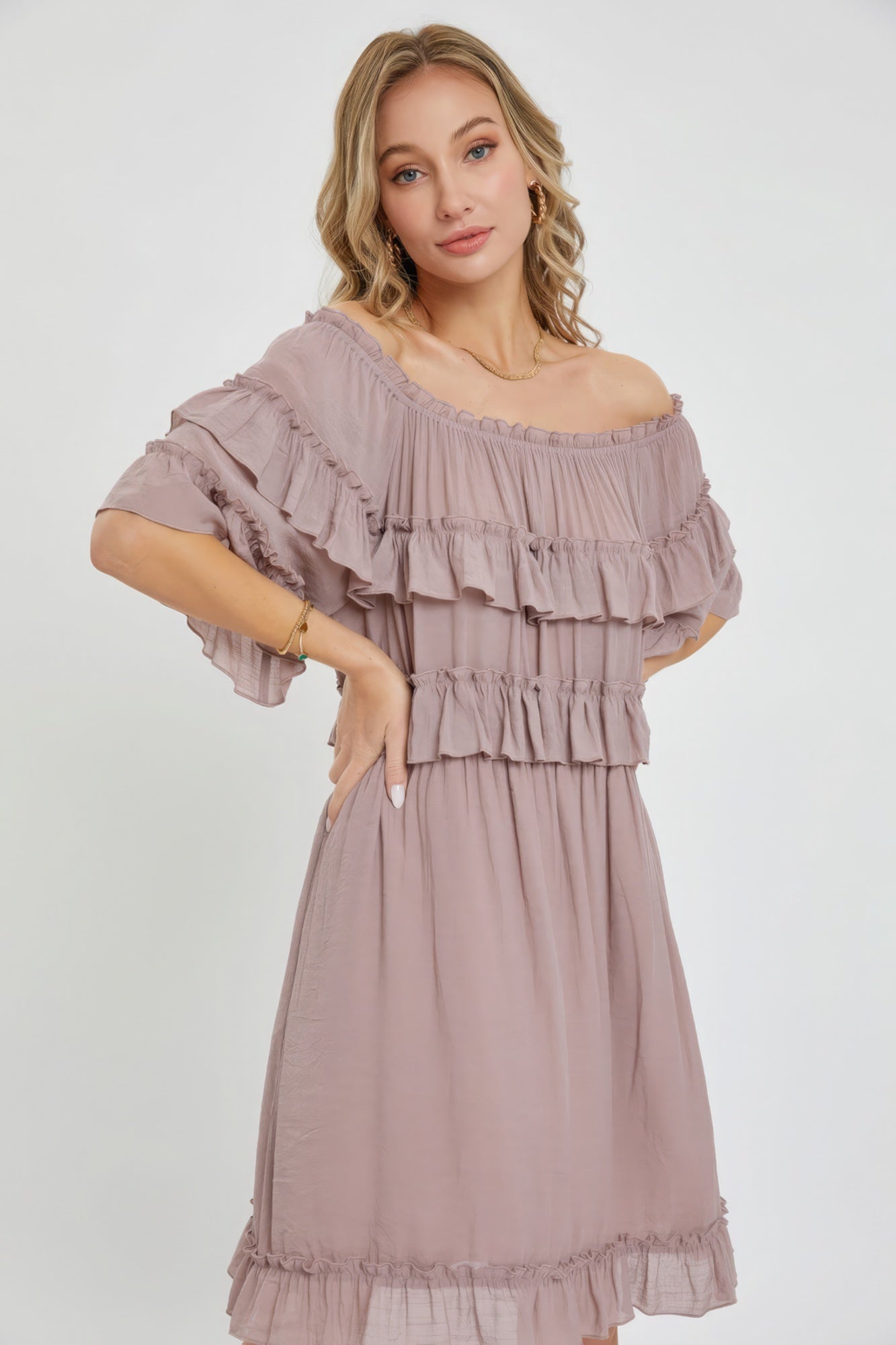 Off Shoulder Ruffle Dress-TOPS / DRESSES-[Adult]-[Female]-Dark Mauve-S-2022 Online Blue Zone Planet