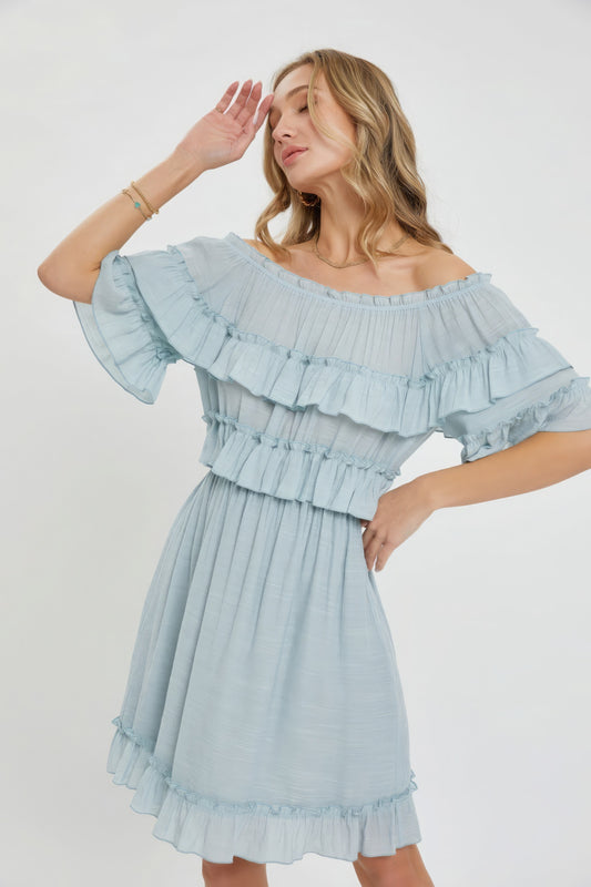 Off Shoulder Ruffle Dress-TOPS / DRESSES-[Adult]-[Female]-Misty Blue-S-2022 Online Blue Zone Planet