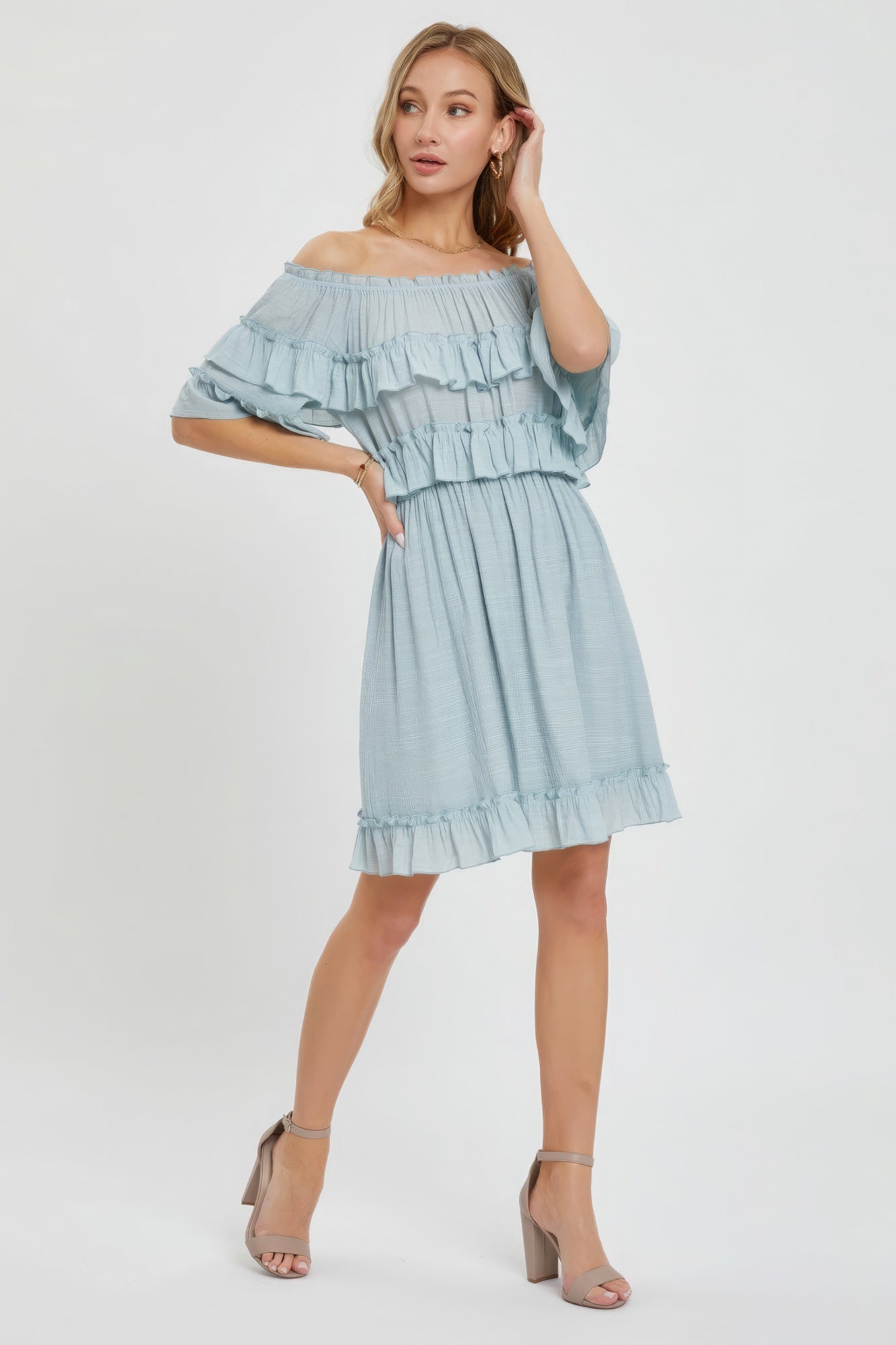 Off Shoulder Ruffle Dress-TOPS / DRESSES-[Adult]-[Female]-2022 Online Blue Zone Planet