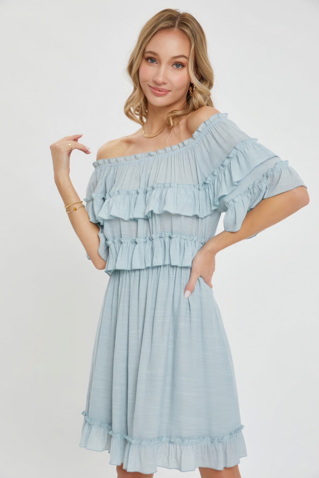 Off Shoulder Ruffle Dress-TOPS / DRESSES-[Adult]-[Female]-2022 Online Blue Zone Planet