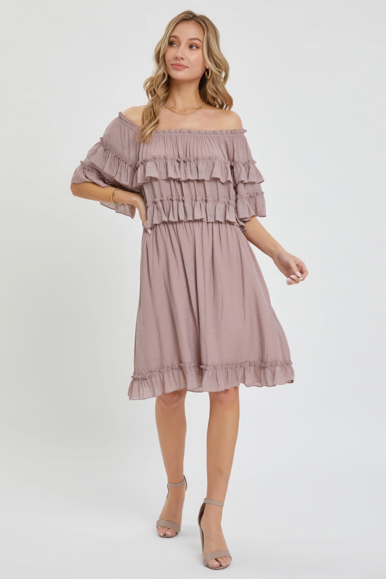 Off Shoulder Ruffle Dress-TOPS / DRESSES-[Adult]-[Female]-2022 Online Blue Zone Planet