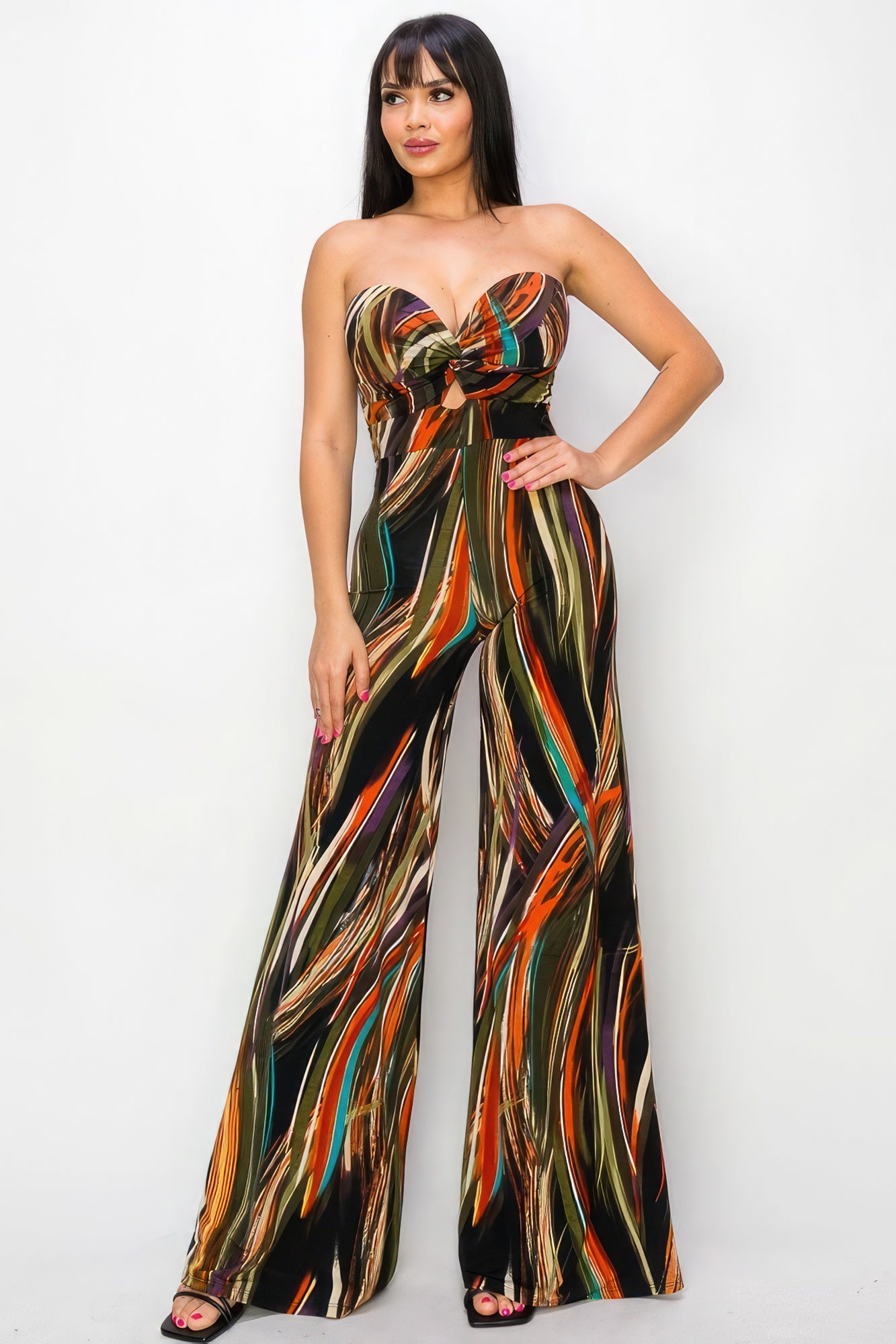 Allover Print Twist Front Wide Leg Jumpsuit Blue Zone Planet