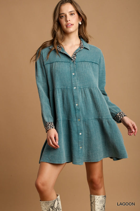 Mineral Wash Cotton Gauze Tiered Dress-[Adult]-[Female]-Lagoon-S-2022 Online Blue Zone Planet