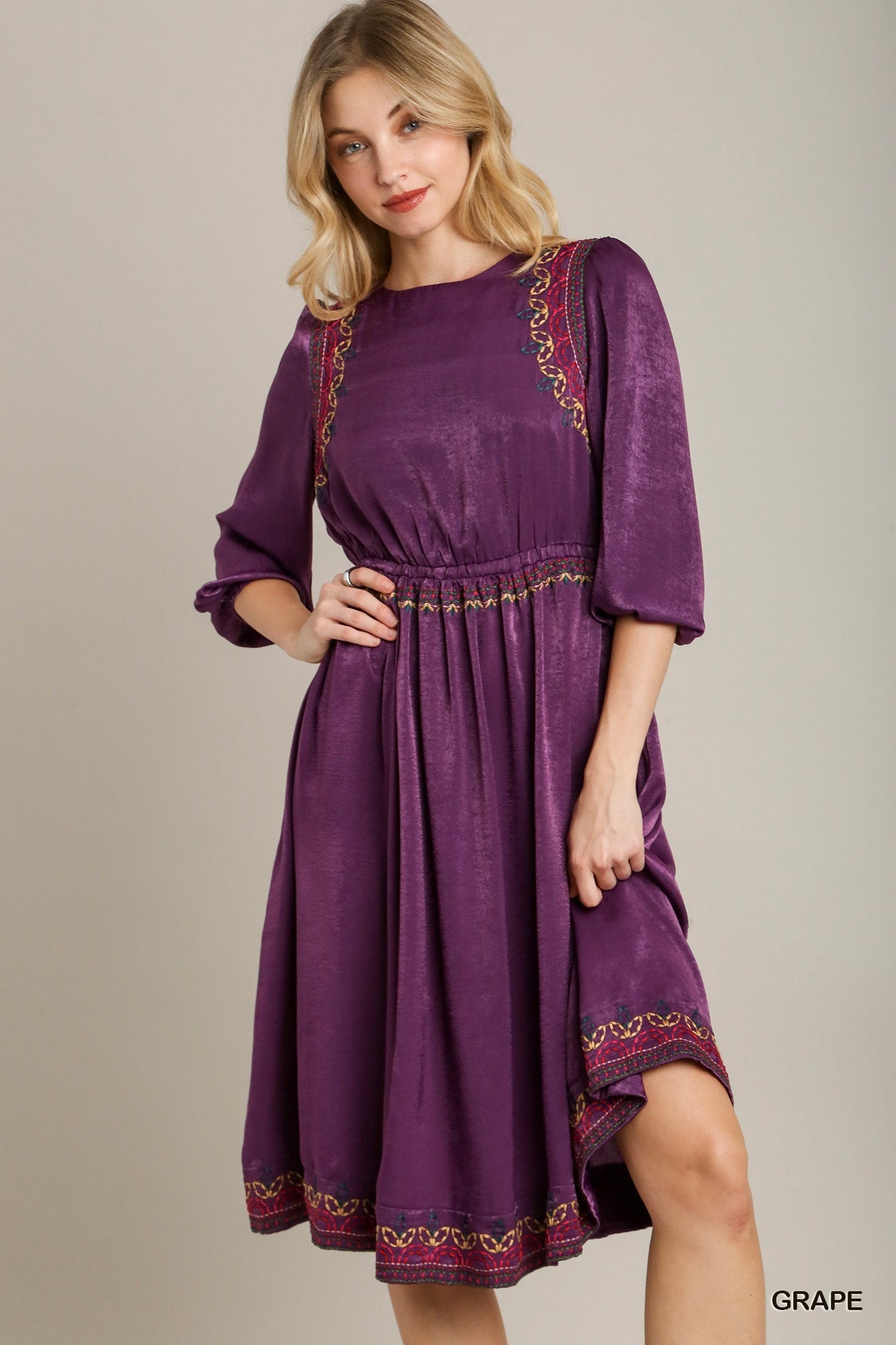 Satin Round Neck Embroidery Midi Dress-[Adult]-[Female]-Purple-S-2022 Online Blue Zone Planet