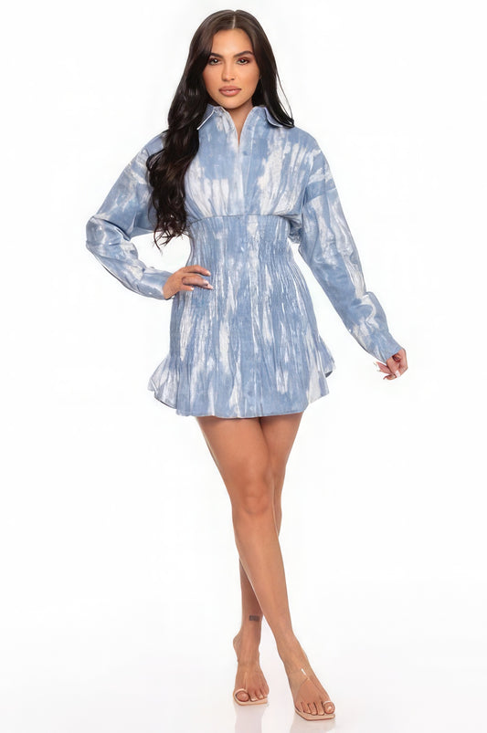 Blue Zone Planet |  Desiree's Tie Dye Long Sleeved Shirt Collar Mini Dress Blue Zone Planet