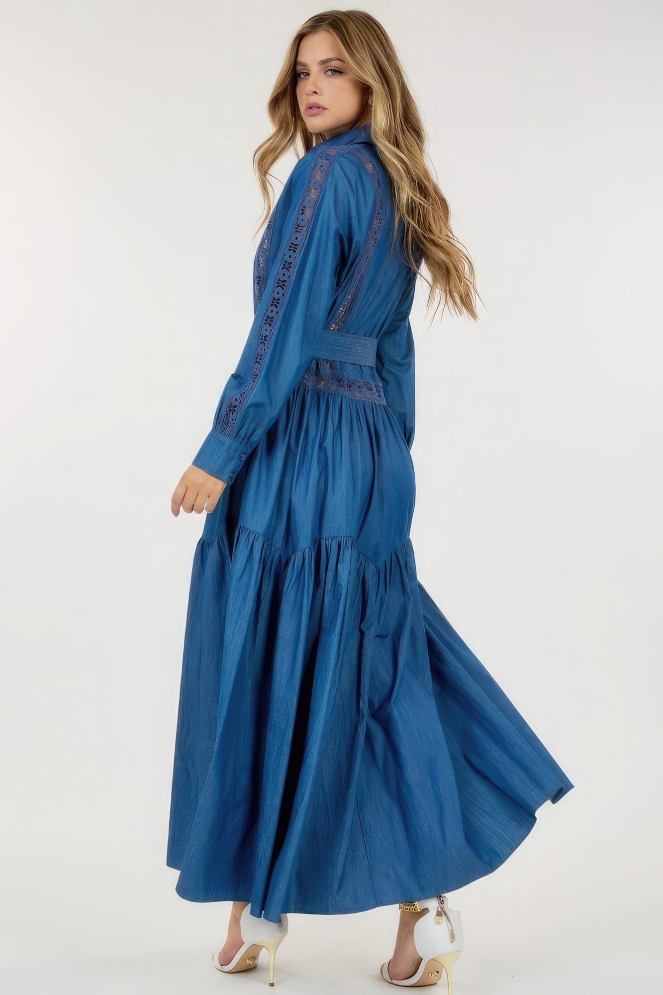 Blue Zone Planet |  Charlotte's See-through Lace Long Sleeve Waist Belt Maxi Dress Blue Zone Planet