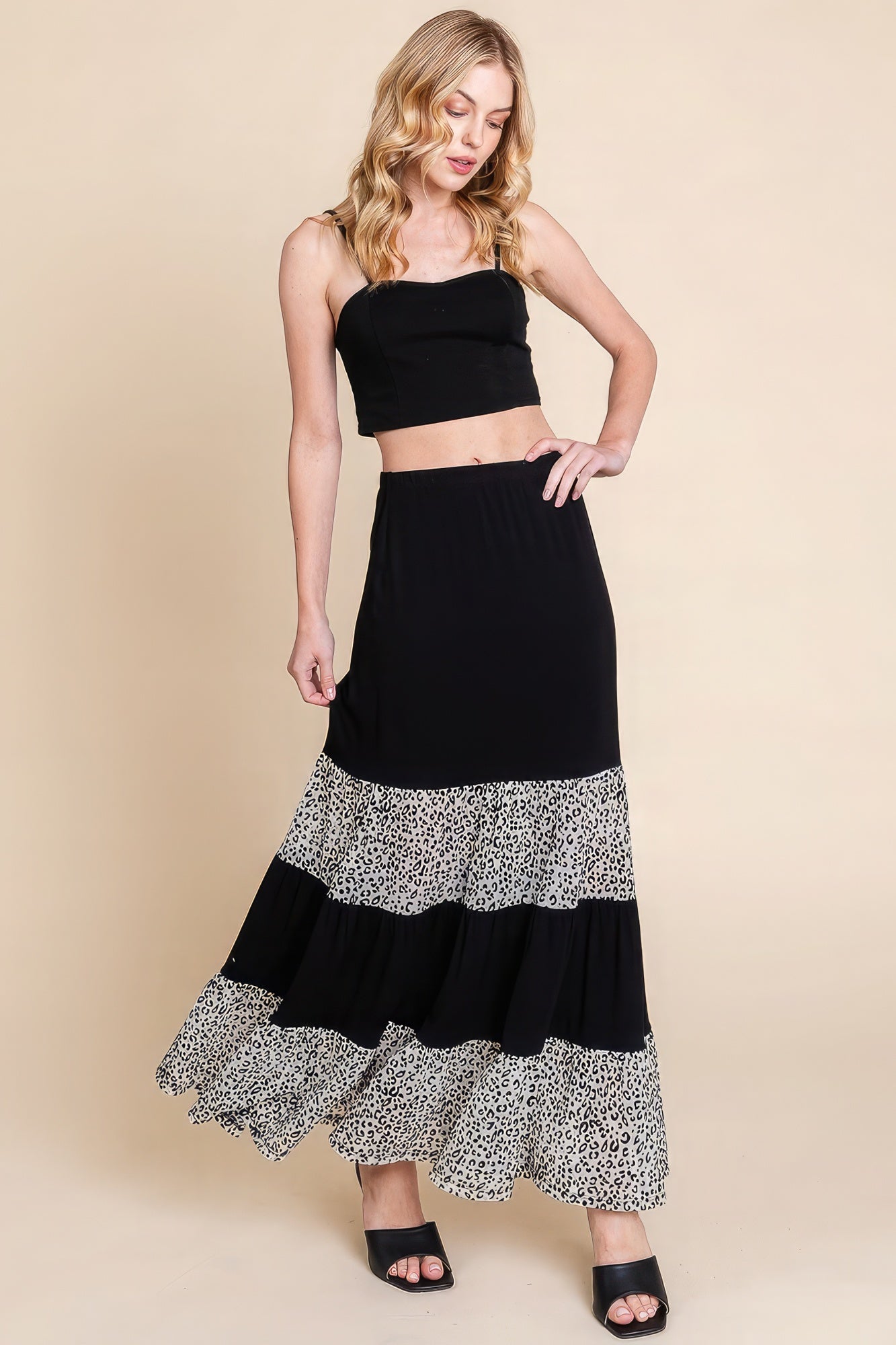 Long Tiered Contrast Skirt With Velvet Animal Print Mesh Blue Zone Planet