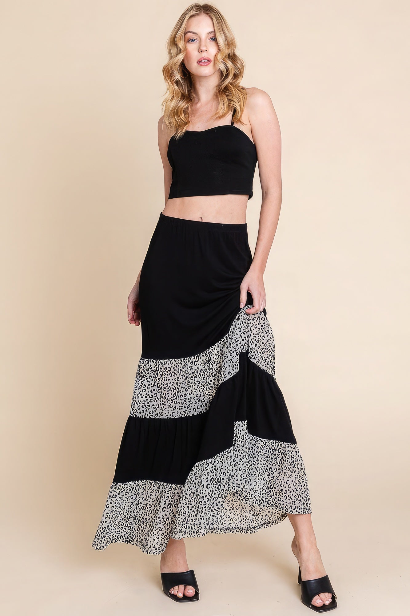 Long Tiered Contrast Skirt With Velvet Animal Print Mesh Blue Zone Planet