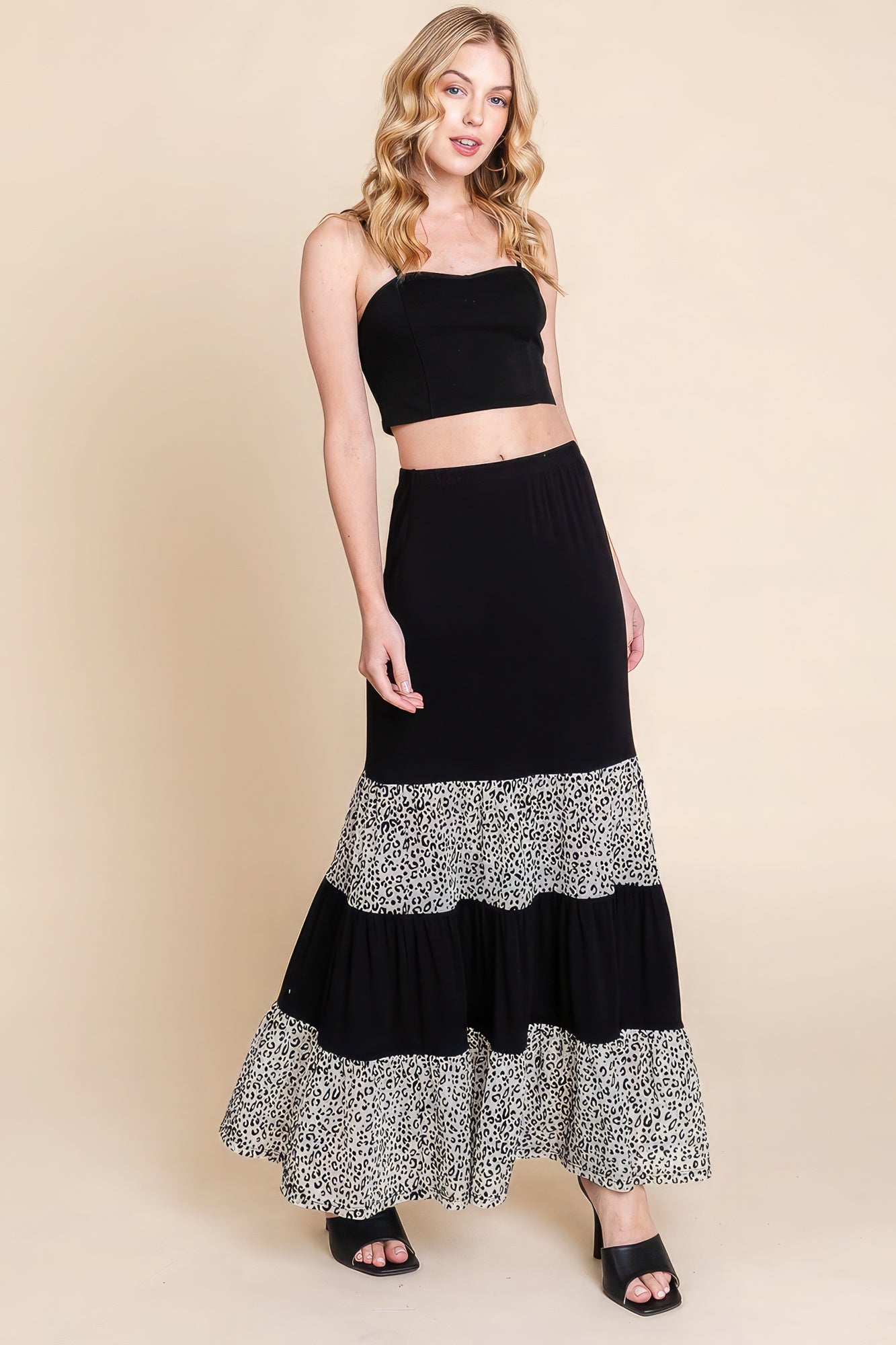 Long Tiered Contrast Skirt With Velvet Animal Print Mesh Blue Zone Planet