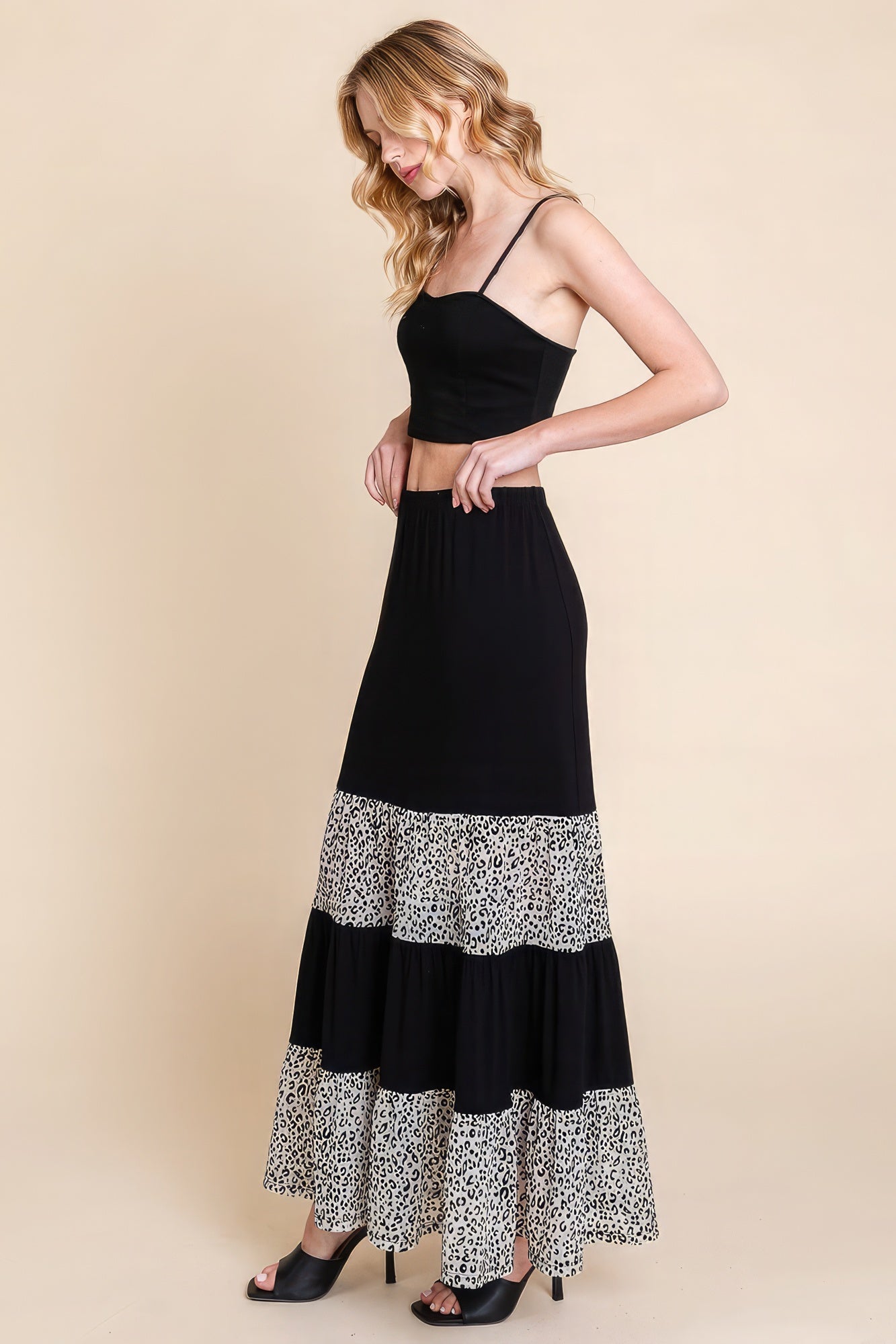 Long Tiered Contrast Skirt With Velvet Animal Print Mesh Blue Zone Planet