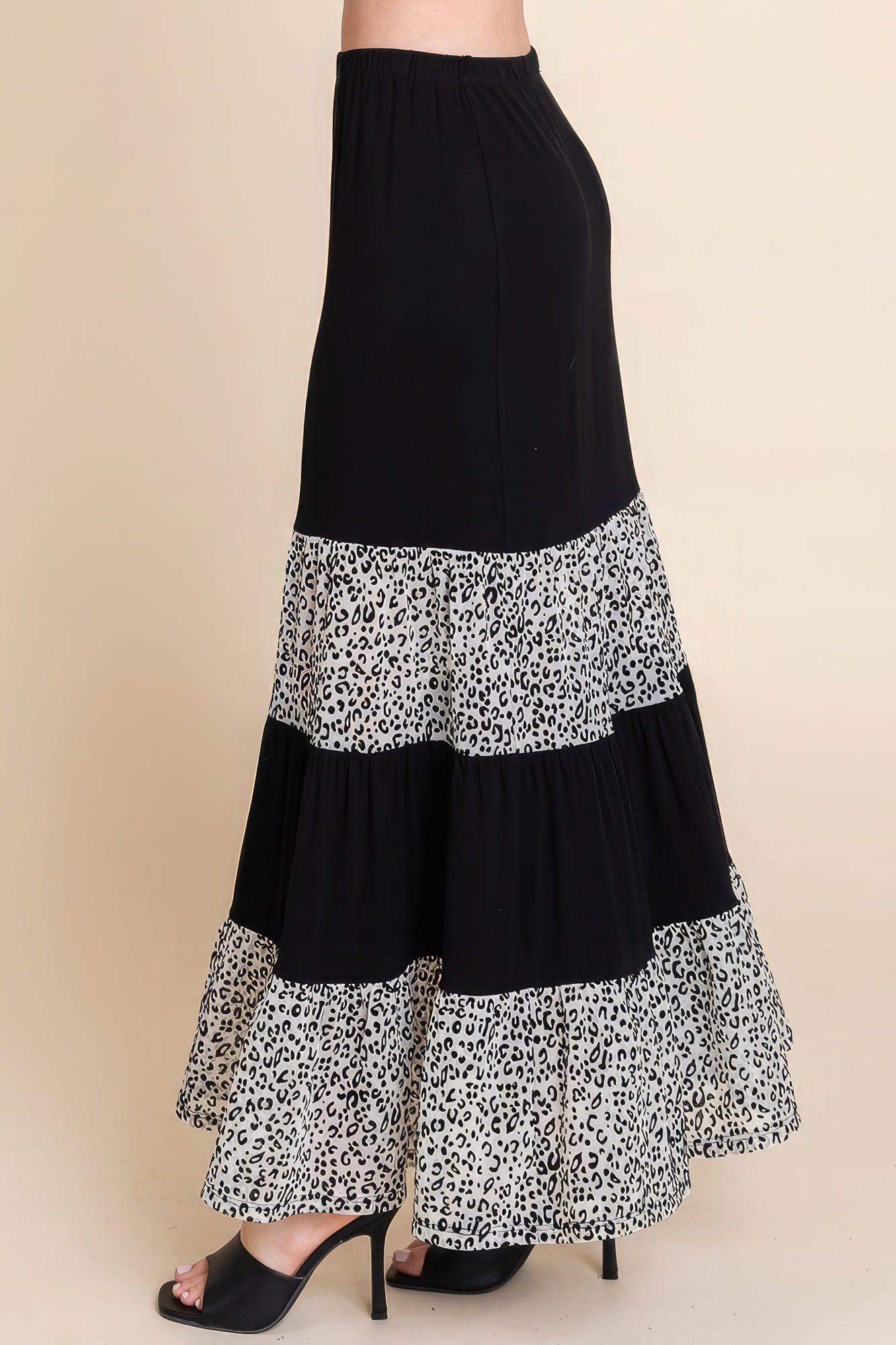 Long Tiered Contrast Skirt With Velvet Animal Print Mesh Blue Zone Planet