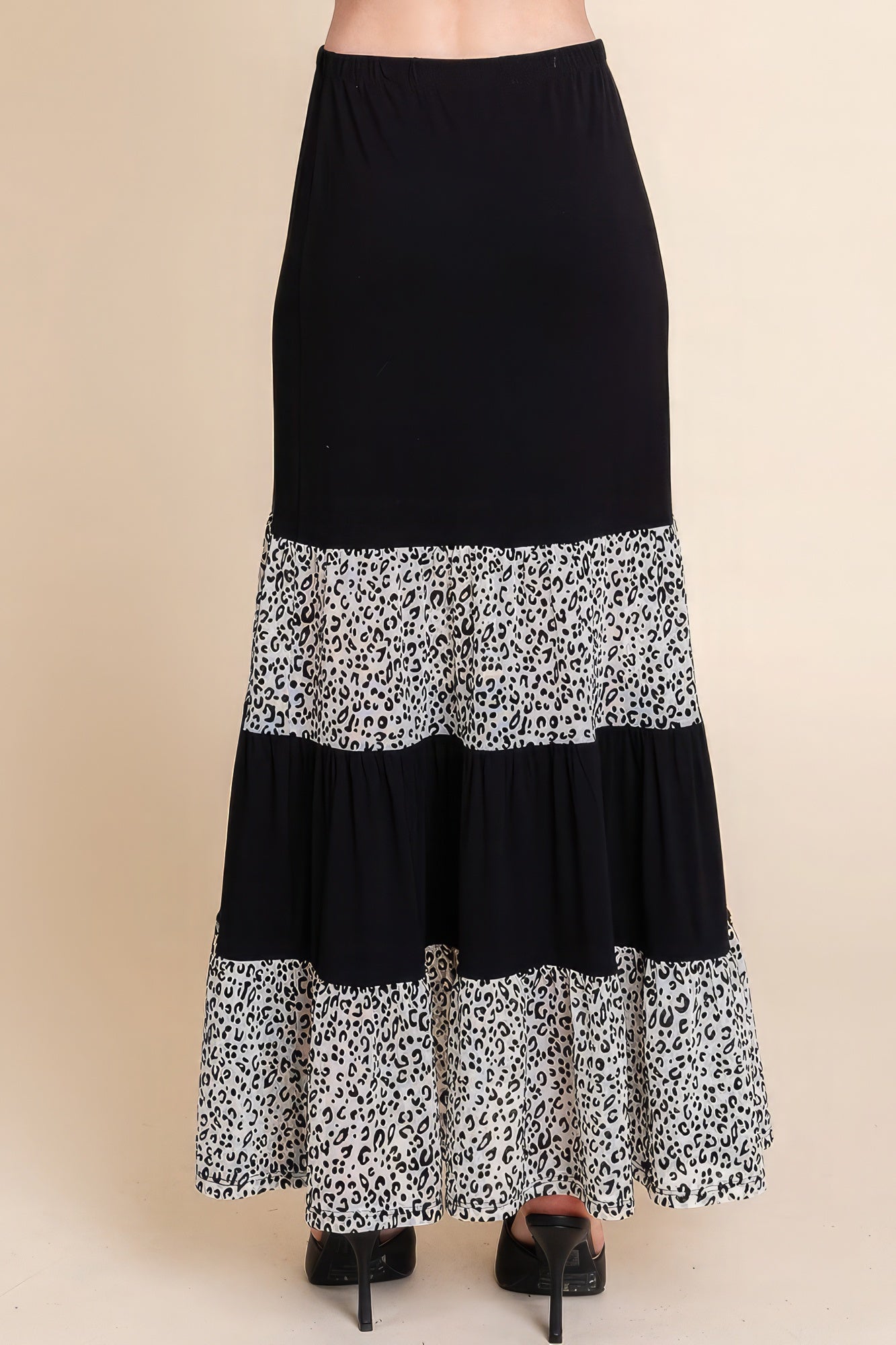 Long Tiered Contrast Skirt With Velvet Animal Print Mesh Blue Zone Planet