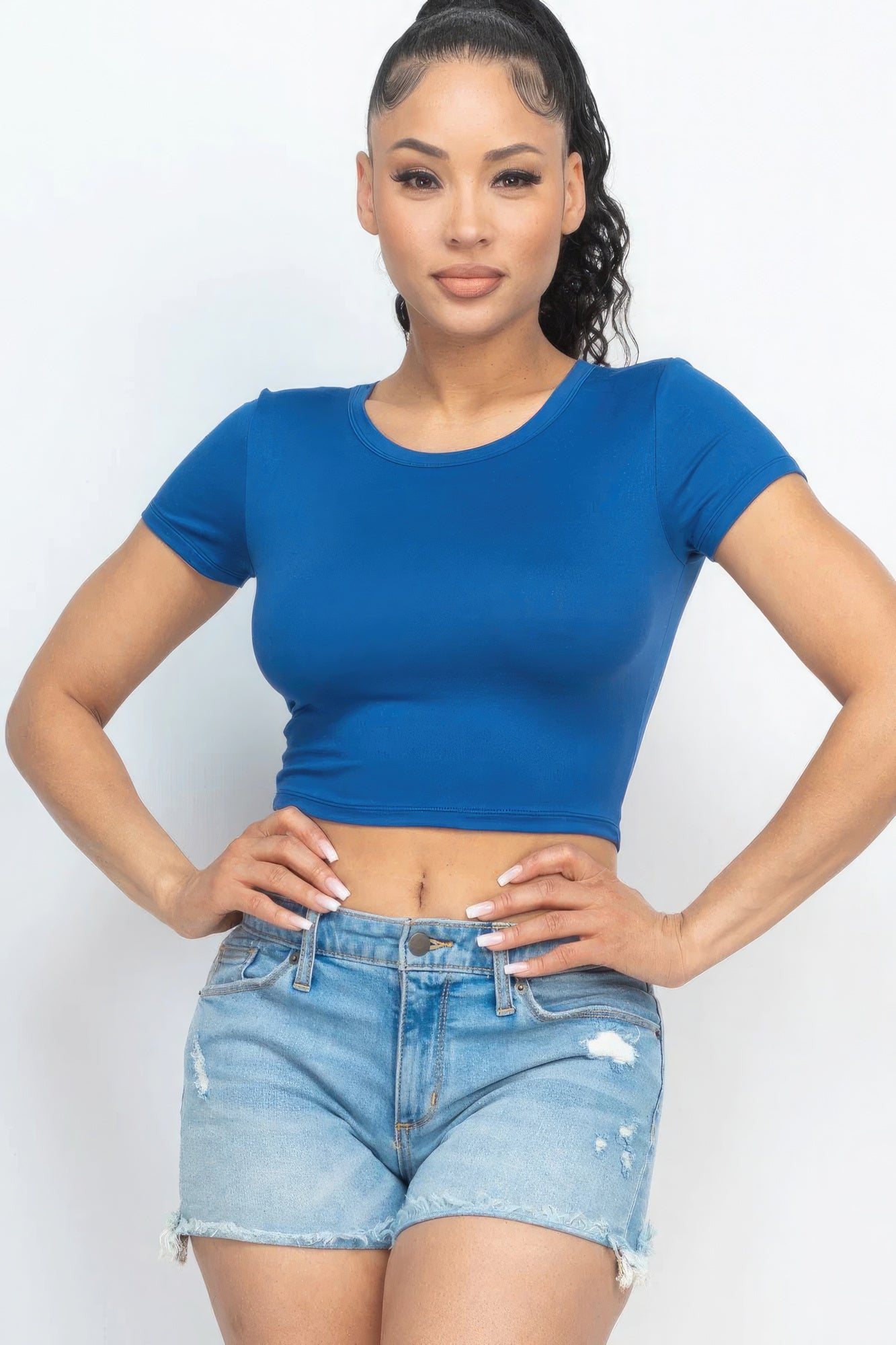 Short Sleeve Roundneck Crop Top-[Adult]-[Female]-Blue Haze-S-2022 Online Blue Zone Planet