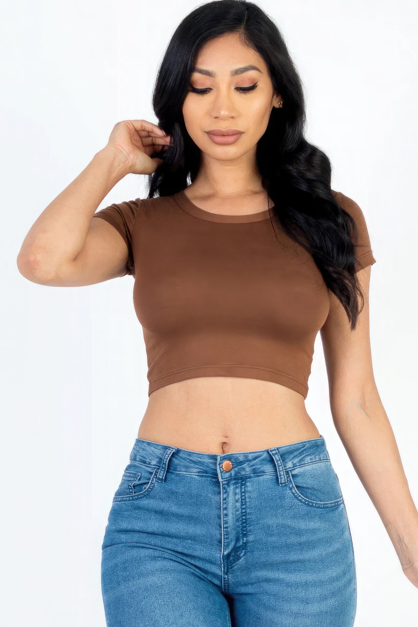 Short Sleeve Roundneck Crop Top-CROP TOP-[Adult]-[Female]-Downtown Brown-S-2022 Online Blue Zone Planet