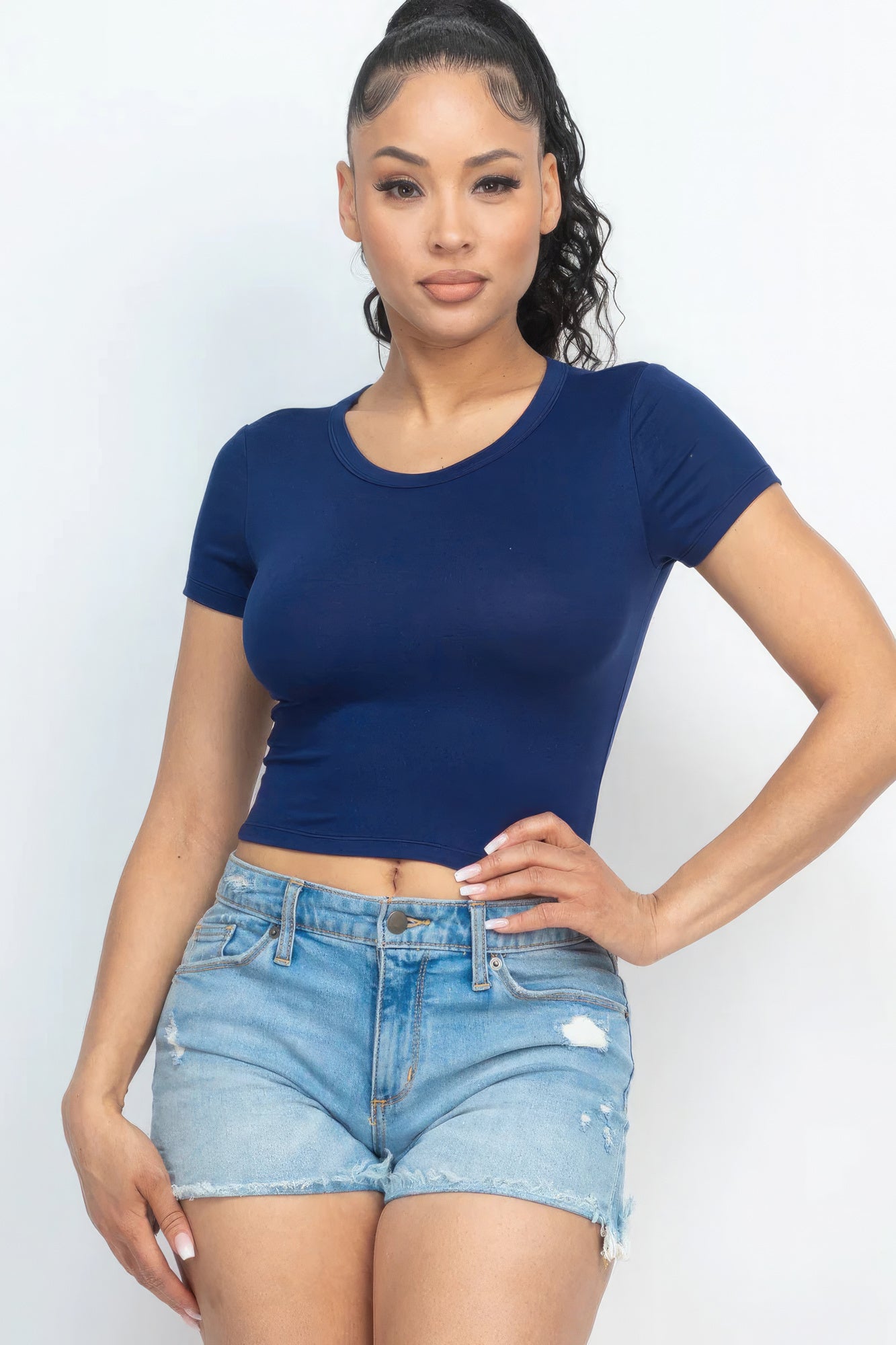 Short Sleeve Roundneck Crop Top-CROP TOP-[Adult]-[Female]-Navy-S-2022 Online Blue Zone Planet