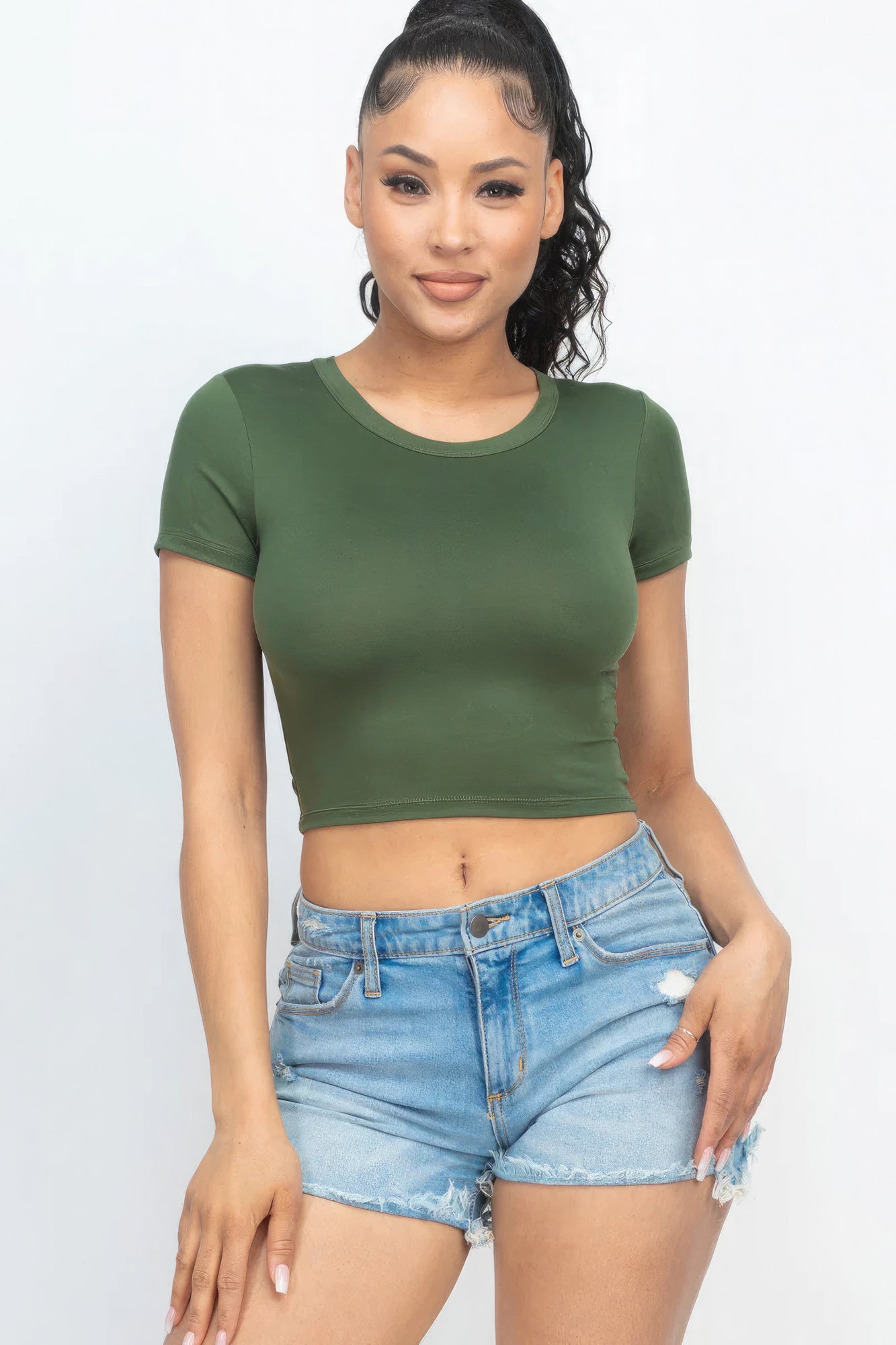 Short Sleeve Roundneck Crop Top-CROP TOP-[Adult]-[Female]-Olive-S-2022 Online Blue Zone Planet