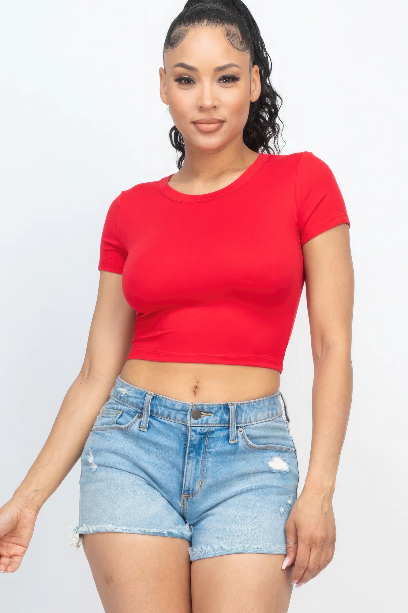 Short Sleeve Roundneck Crop Top-CROP TOP-[Adult]-[Female]-Red-S-2022 Online Blue Zone Planet