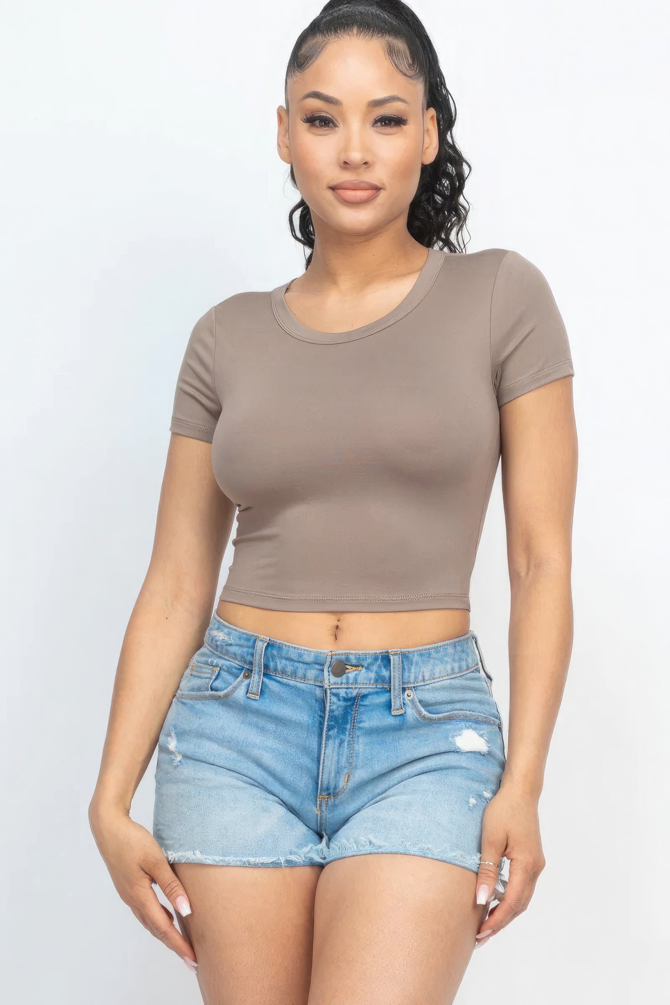 Short Sleeve Roundneck Crop Top-CROP TOP-[Adult]-[Female]-Taupe-S-2022 Online Blue Zone Planet