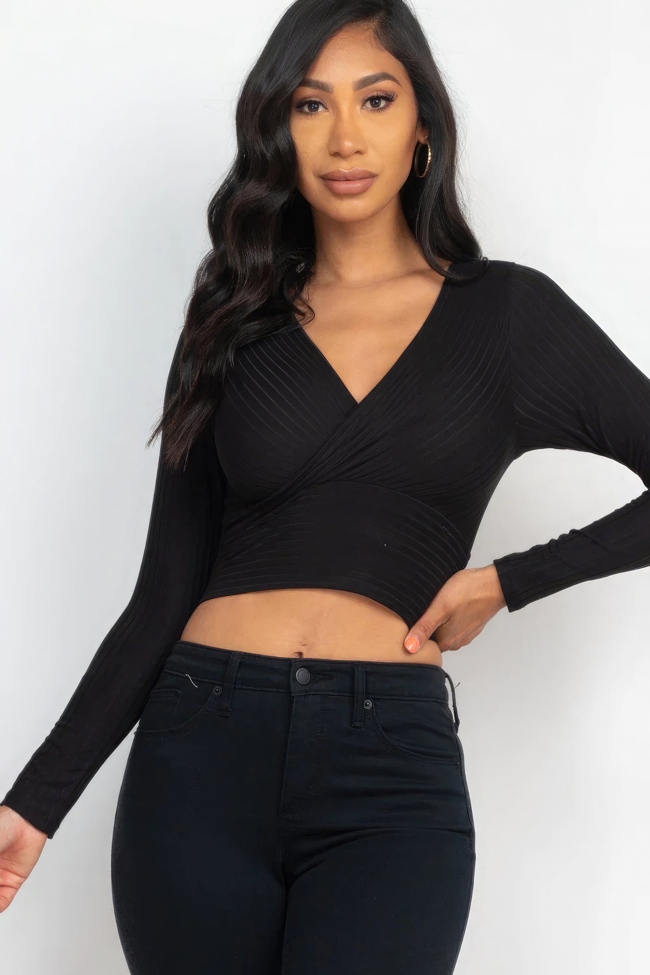 Ribbed Wrap Front Long Sleeve Top Blue Zone Planet