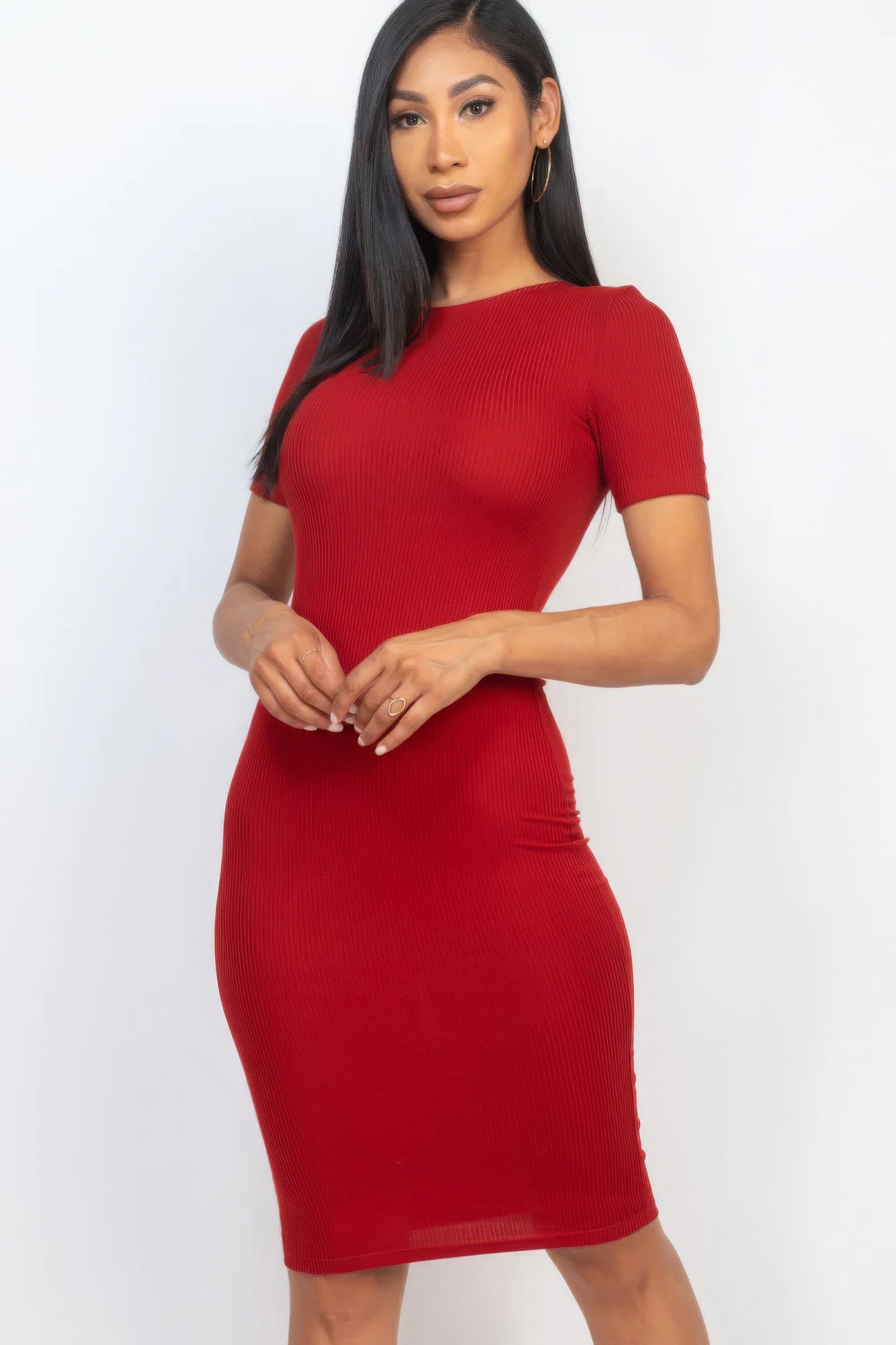 Ribbed Bodycon Midi Dress-[Adult]-[Female]-Winery-S-2022 Online Blue Zone Planet