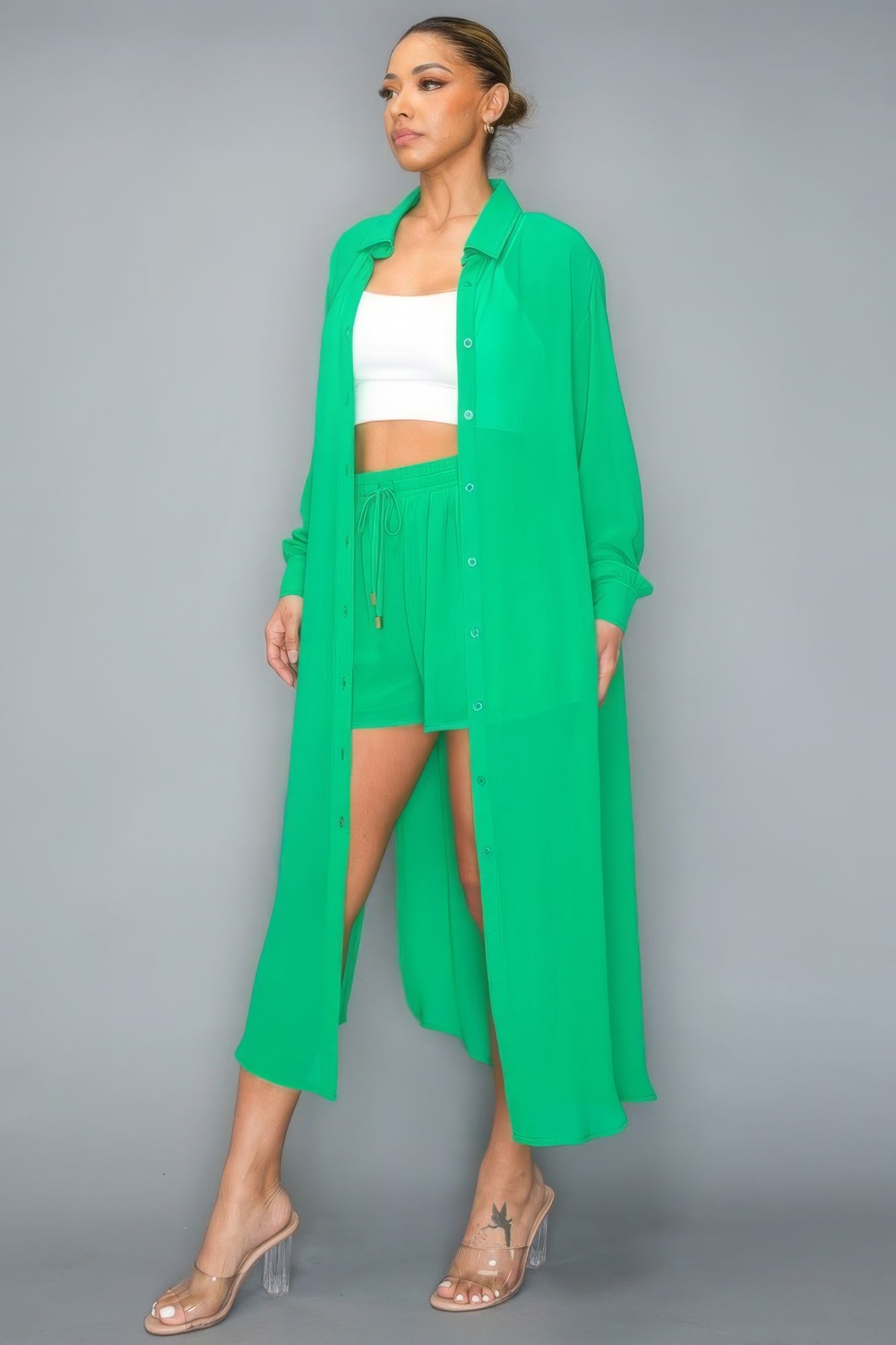 Blue Zone Planet |  Azalea's Chiffon Button Down Long Sleeve Side Slit Long Top With Short Set Blue Zone Planet