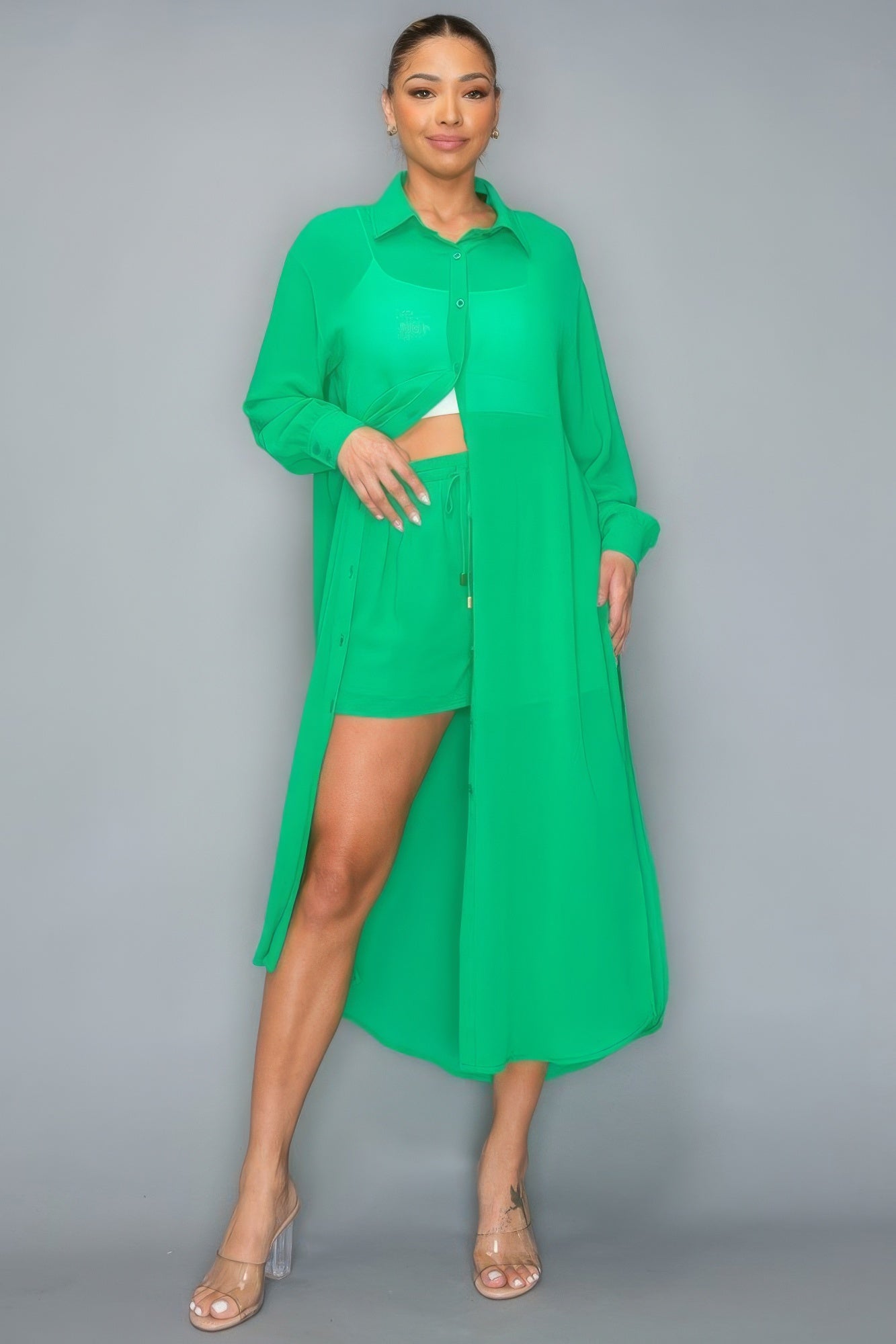 Blue Zone Planet |  Azalea's Chiffon Button Down Long Sleeve Side Slit Long Top With Short Set Blue Zone Planet