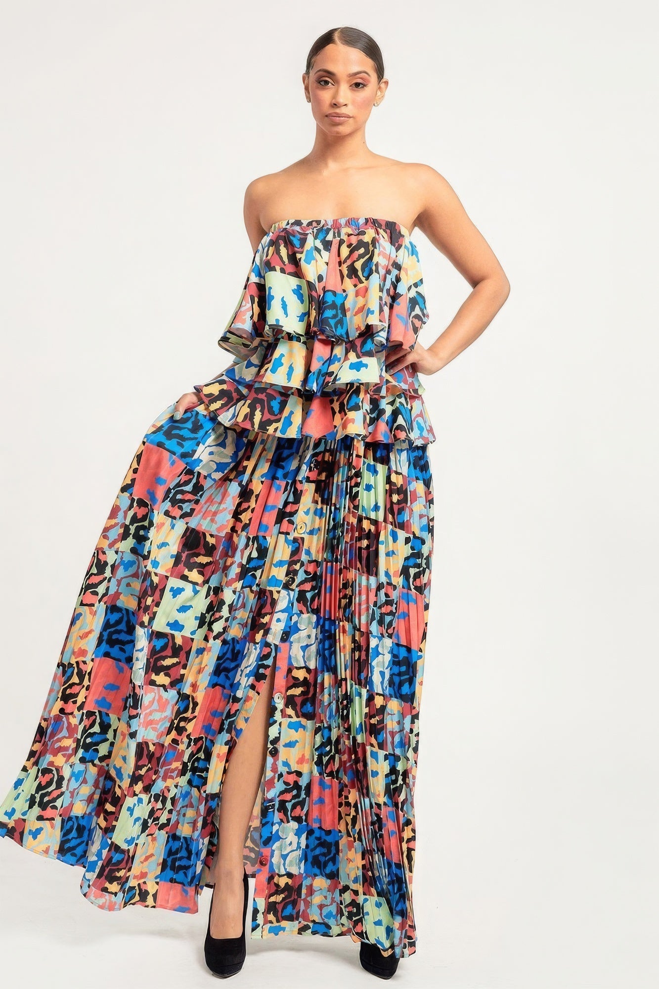Isabel's Printed Ruffle Top And Pleated Skirt Set Blue Zone Planet