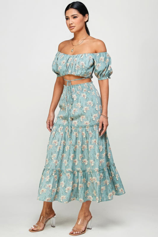 Blue Zone Planet |  Marisol's Floral Off Shoulder Sleeve Back Tie Top Skirt Set Blue Zone Planet