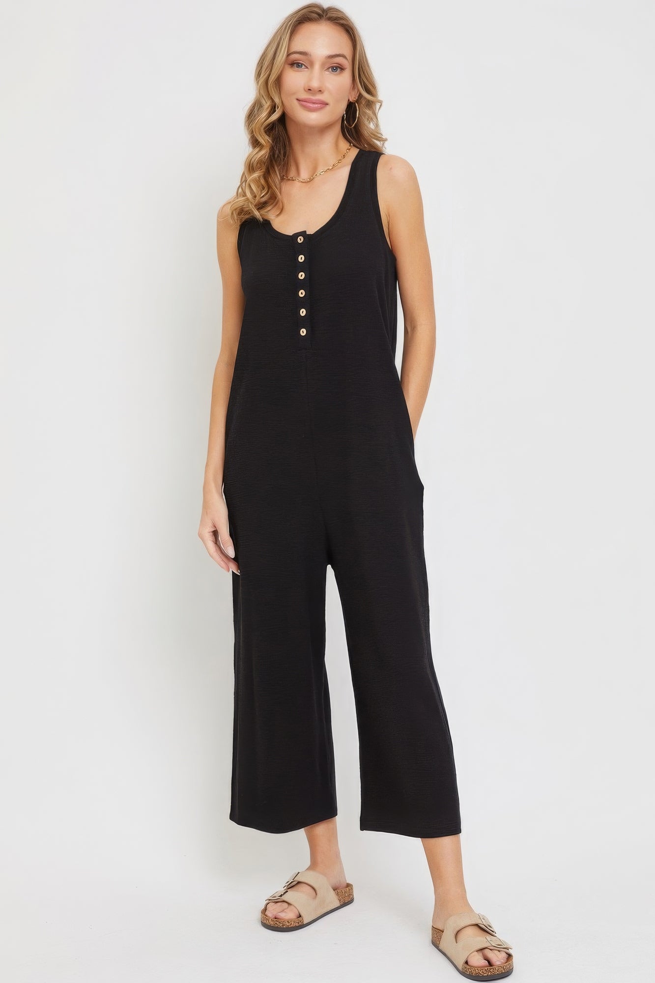 Stella's Buttondown Subtle Textured Fabric Jumpsuit Blue Zone Planet