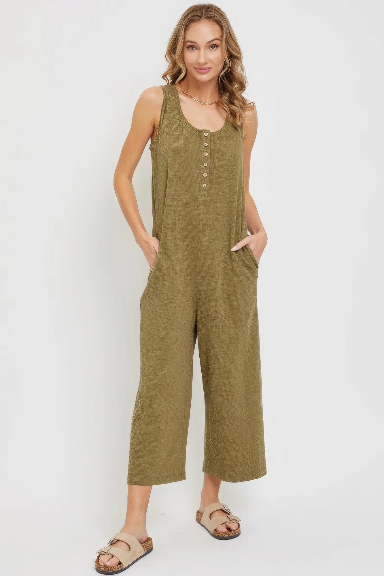 Stella's Buttondown Subtle Textured Fabric Jumpsuit Blue Zone Planet