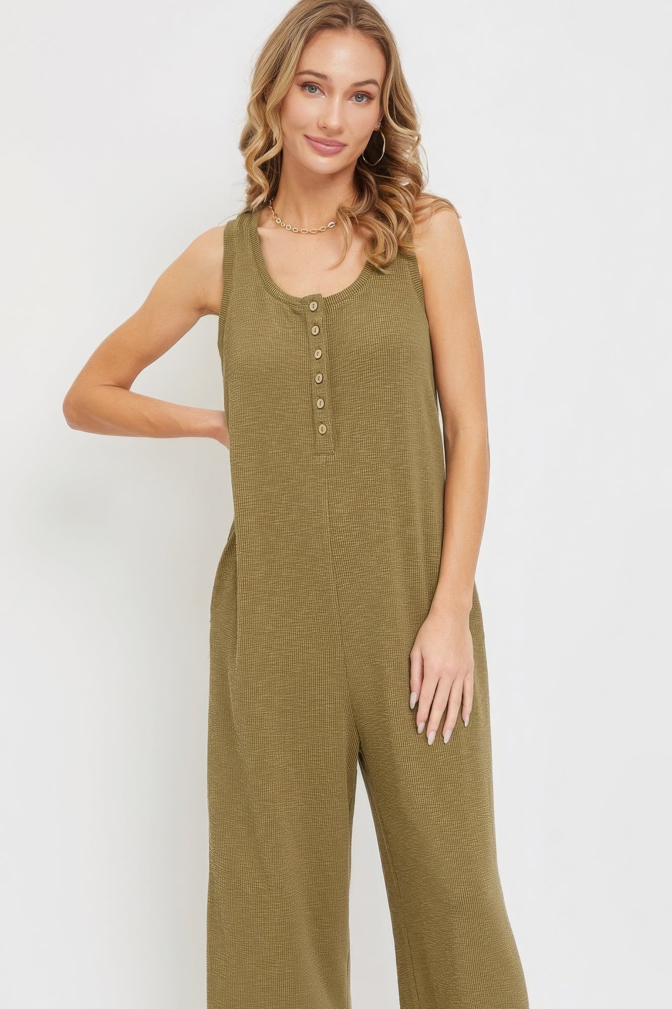 Stella's Buttondown Subtle Textured Fabric Jumpsuit Blue Zone Planet