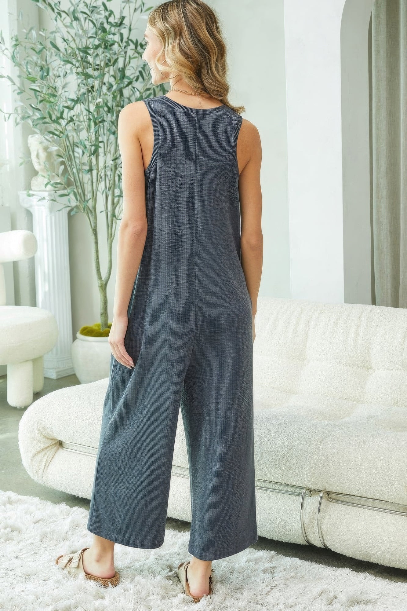 Stella's Buttondown Subtle Textured Fabric Jumpsuit Blue Zone Planet