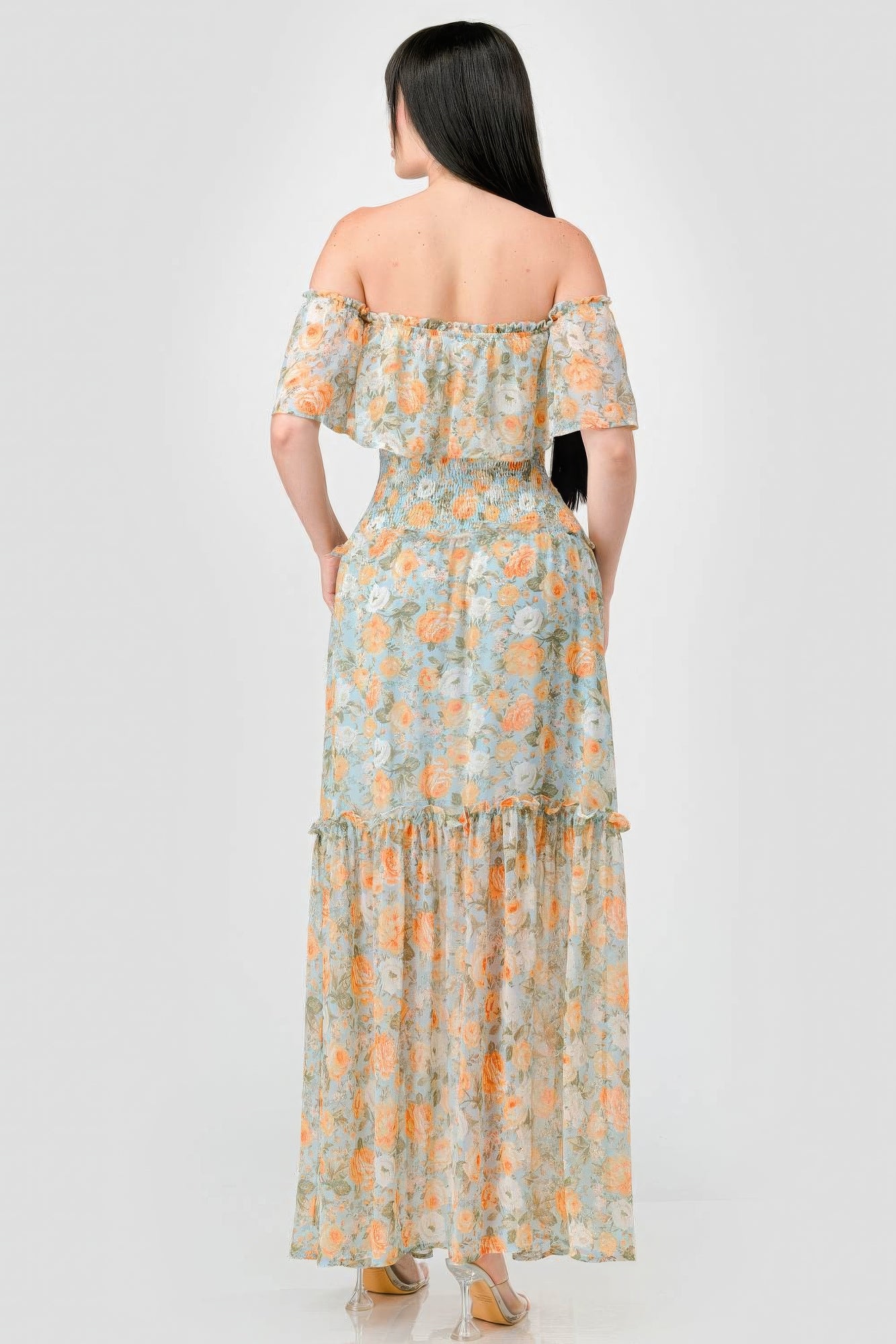 Alice's Floral Chiffon Off Shoulder Smocked Back Ruffled Tiered Maxi Dress Blue Zone Planet