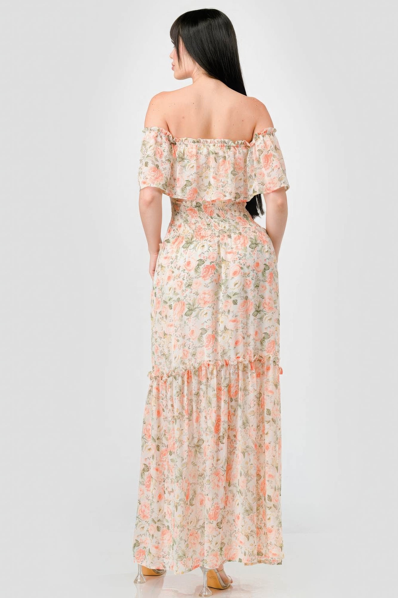 Alice's Floral Chiffon Off Shoulder Smocked Back Ruffled Tiered Maxi Dress Blue Zone Planet