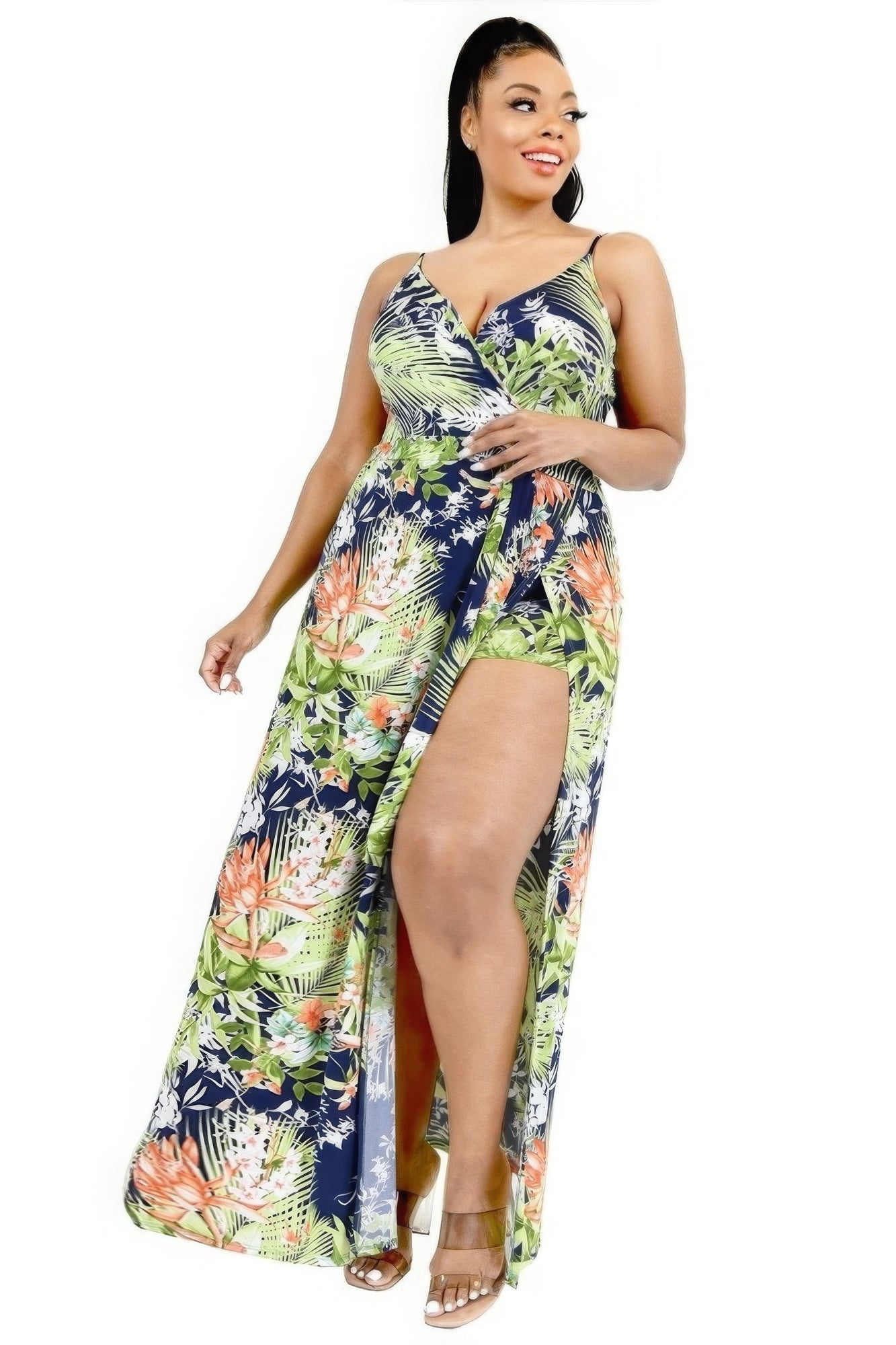 Plus Tropical Leaf Print Surplice Maxi Dress Blue Zone Planet