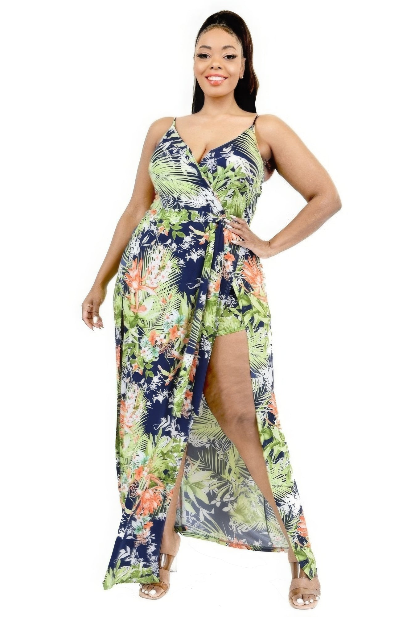 Plus Tropical Leaf Print Surplice Maxi Dress Blue Zone Planet