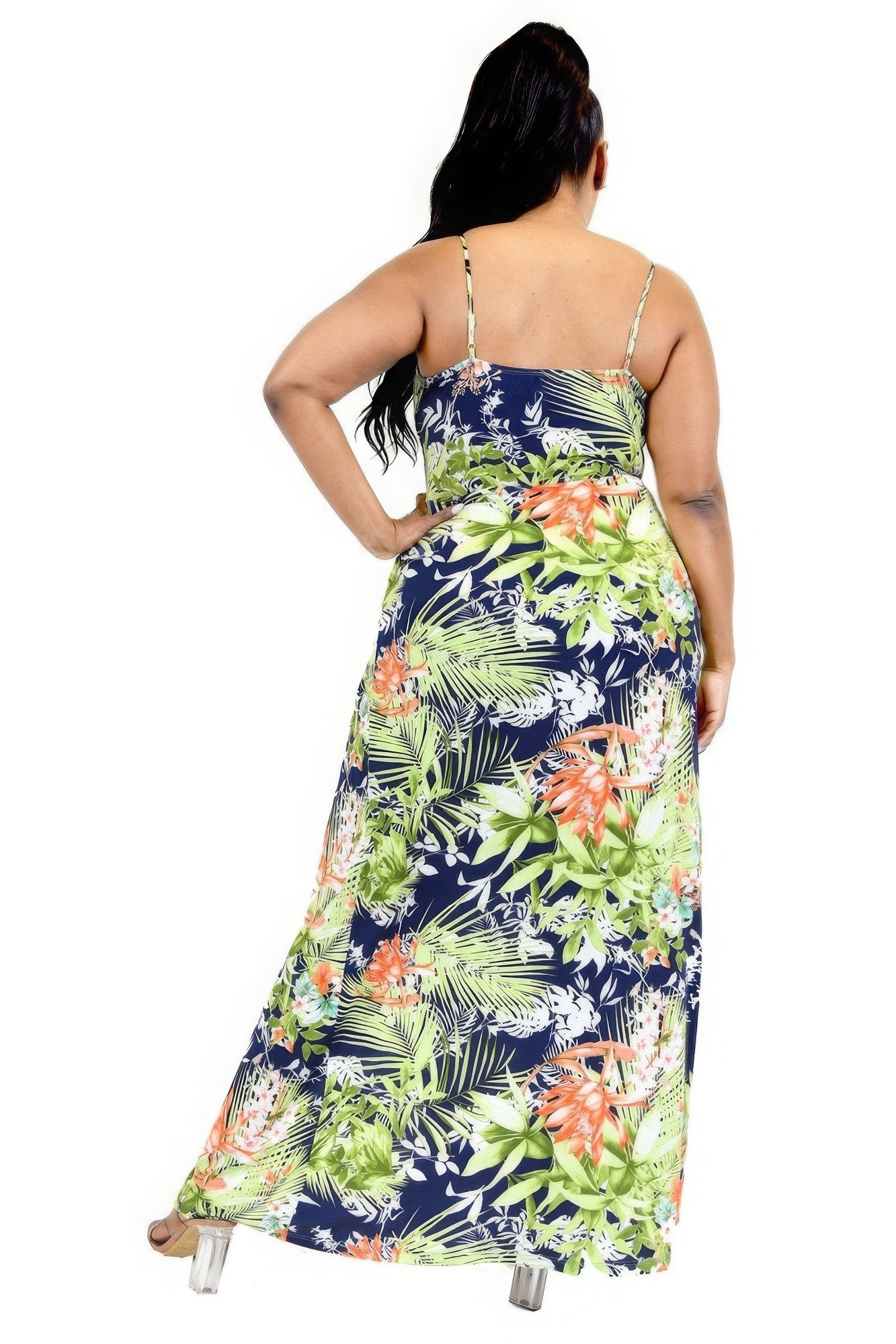 Plus Tropical Leaf Print Surplice Maxi Dress Blue Zone Planet