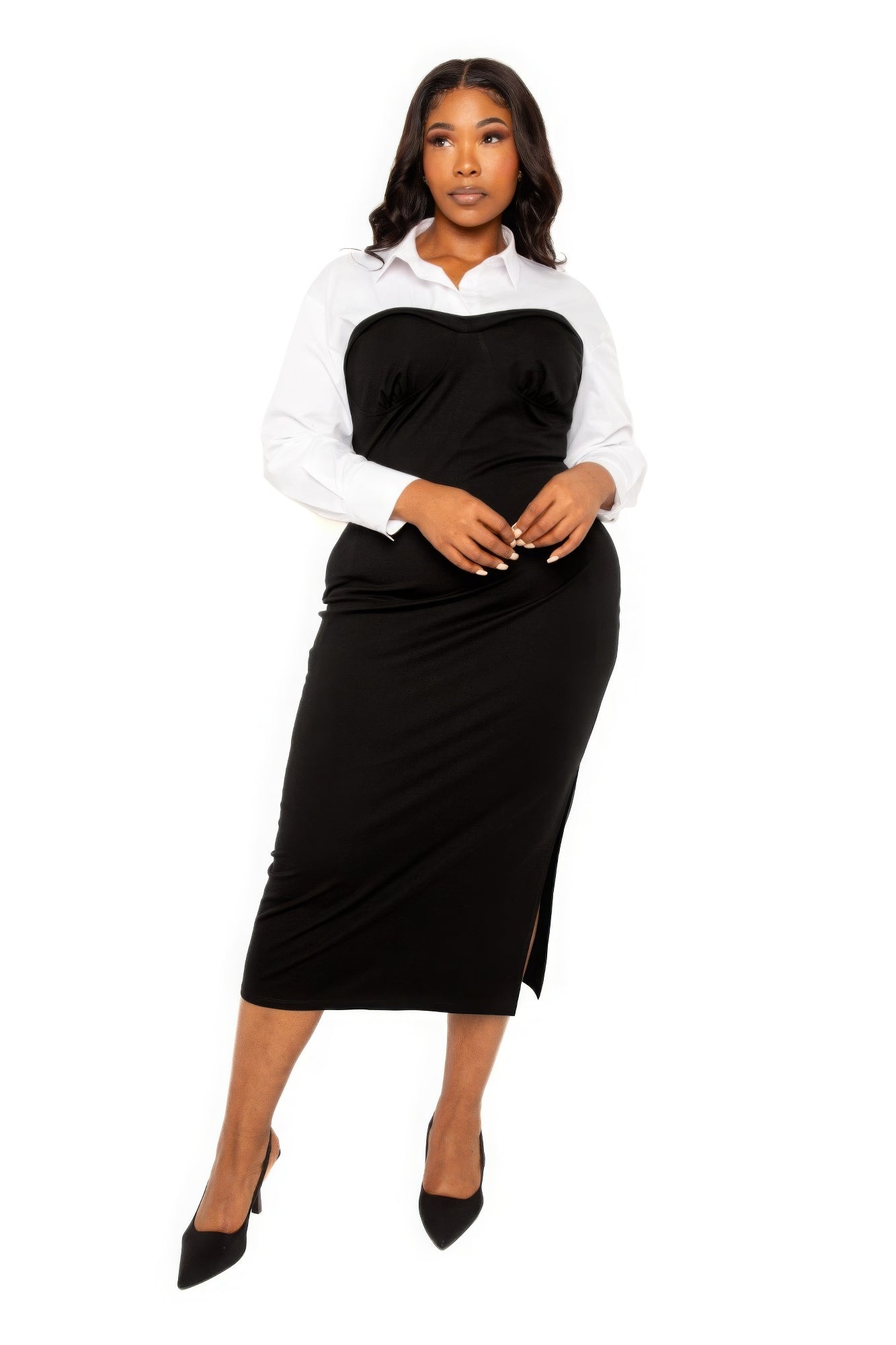 Ember's Plus Sized Collared Shirt Bodycon Midi Dress With Side Slit Blue Zone Planet