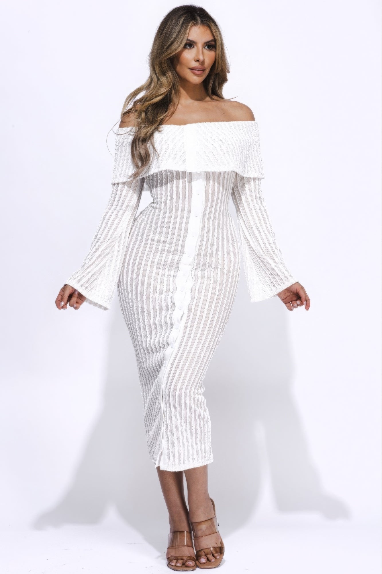 Ruffled Fabric Off Shoulder Midi Dress With Flared Sleeve-TOPS / DRESSES-[Adult]-[Female]-White-S-2022 Online Blue Zone Planet