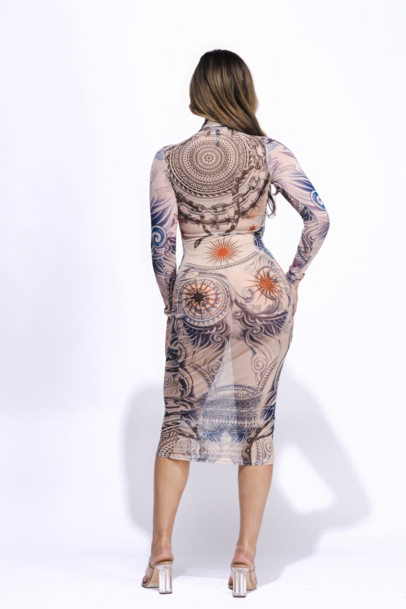 Tattoo Body Print Mesh Midi Dress-TOPS / DRESSES-[Adult]-[Female]-2022 Online Blue Zone Planet