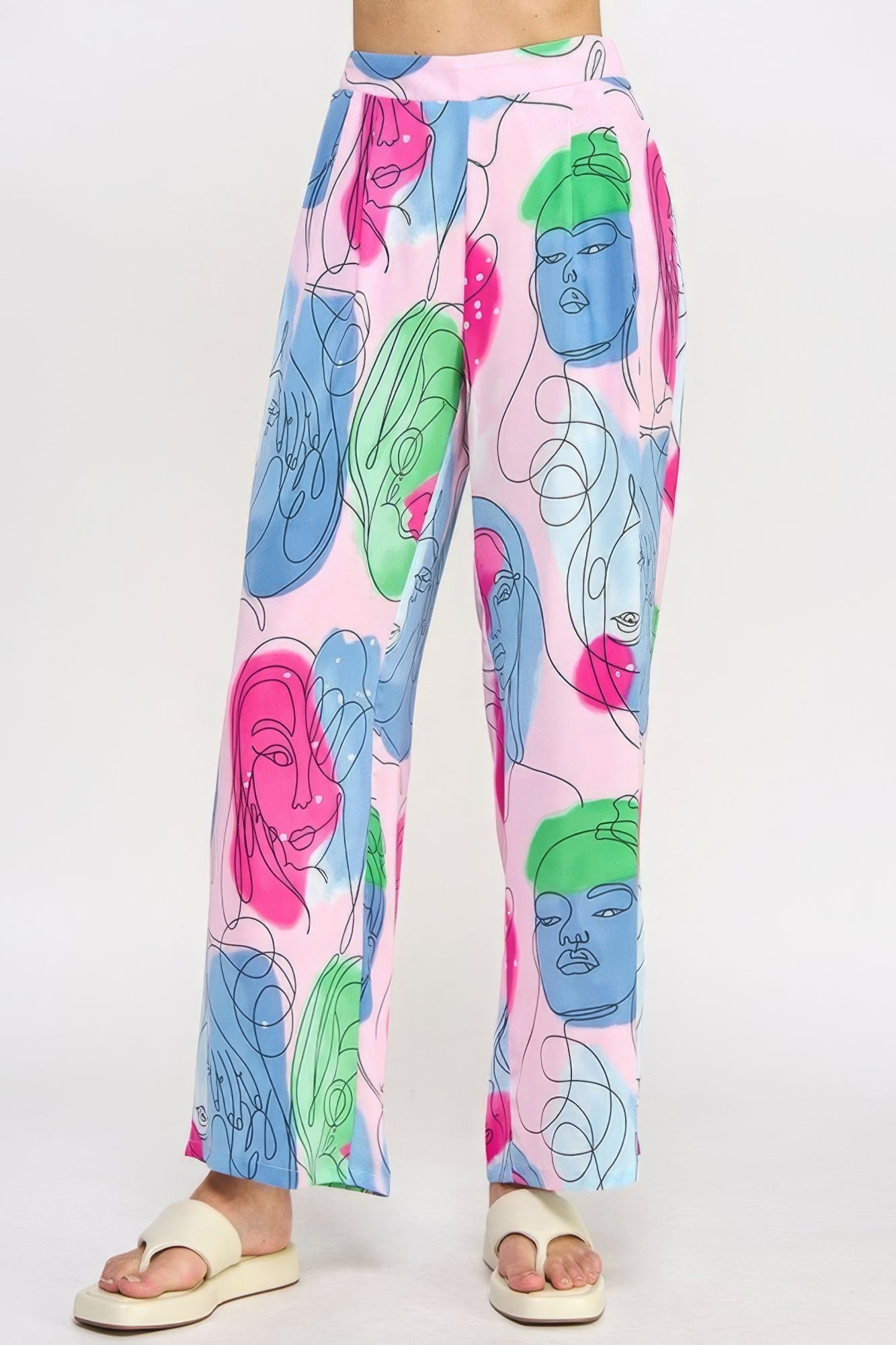 Printed Wide Leg Pant With Elastic Back-BOTTOMS SIZES SMALL MEDIUM LARGE-[Adult]-[Female]-Bubble Gum Multi-S-2022 Online Blue Zone Planet