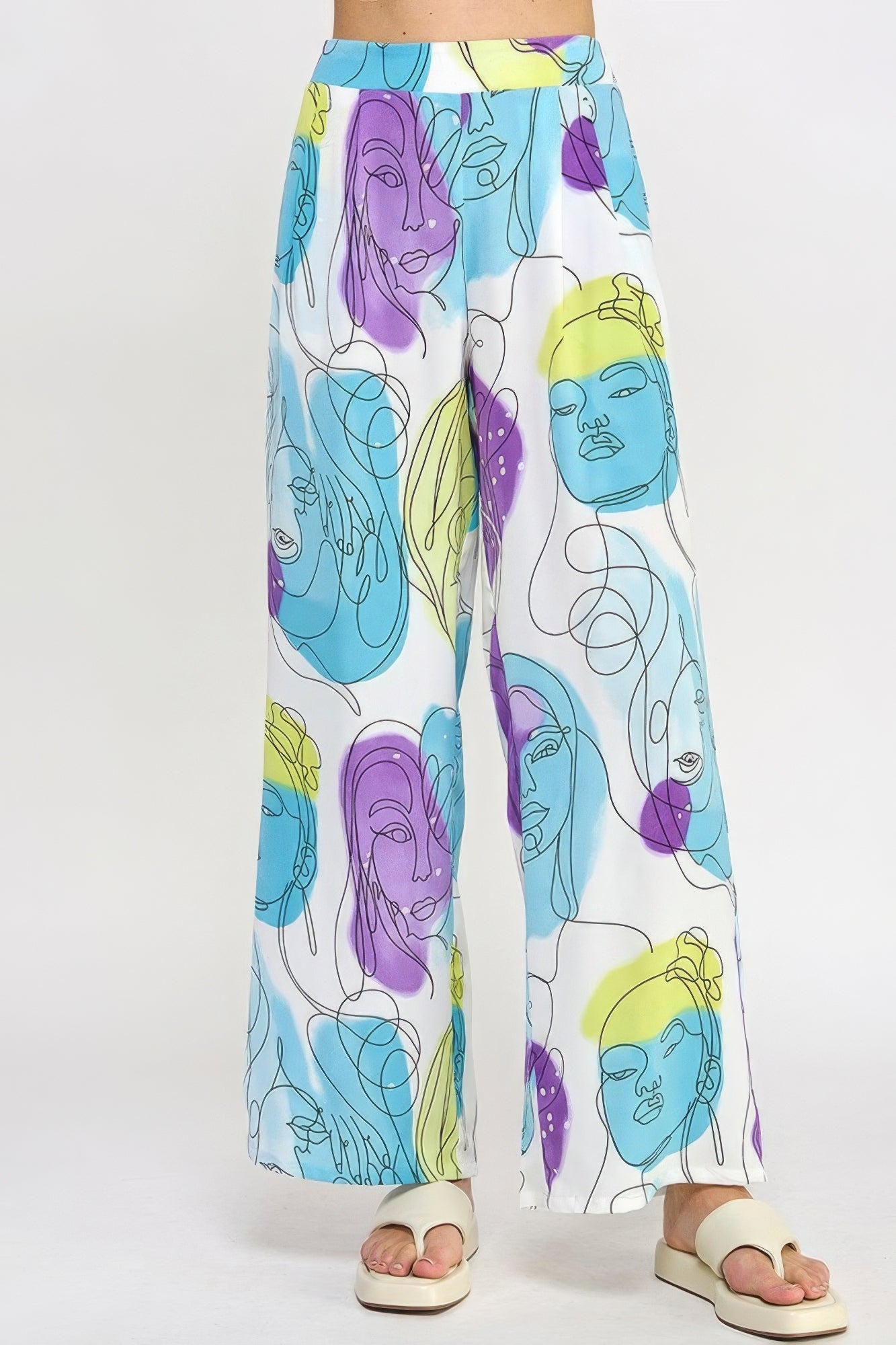 Printed Wide Leg Pant With Elastic Back-BOTTOMS SIZES SMALL MEDIUM LARGE-[Adult]-[Female]-Off White Multi-S-2022 Online Blue Zone Planet