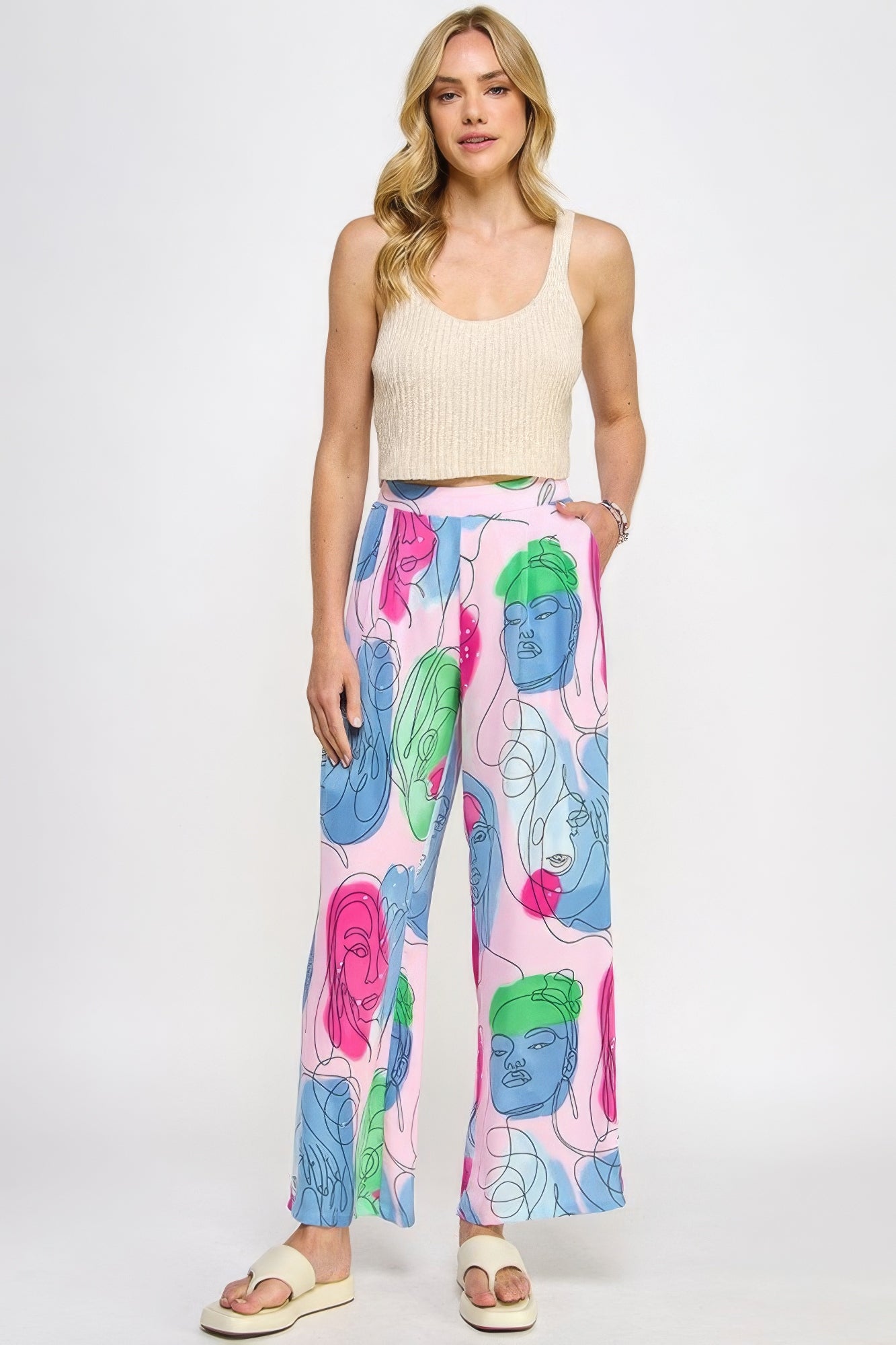 Printed Wide Leg Pant With Elastic Back-BOTTOMS SIZES SMALL MEDIUM LARGE-[Adult]-[Female]-2022 Online Blue Zone Planet